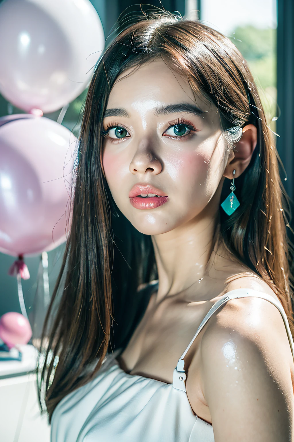 (MASTERPIECE:1.2),(CGI ART:1.3),(REALISTIC:1.5),(POST PROCESSING:1.3),(SHARP FOCUS:1.3),8K,1 girl in bedroom, ((UPPER BODY)), ((white dress)), (((shiny skin))), (wide shot:1.4), window, (((Pastel balloons MESS IN BACKGROUND))), (high shadows detail) , (ILLUSTRATION:1.2), (ulzzang-6500:1.0), ((HDR)),