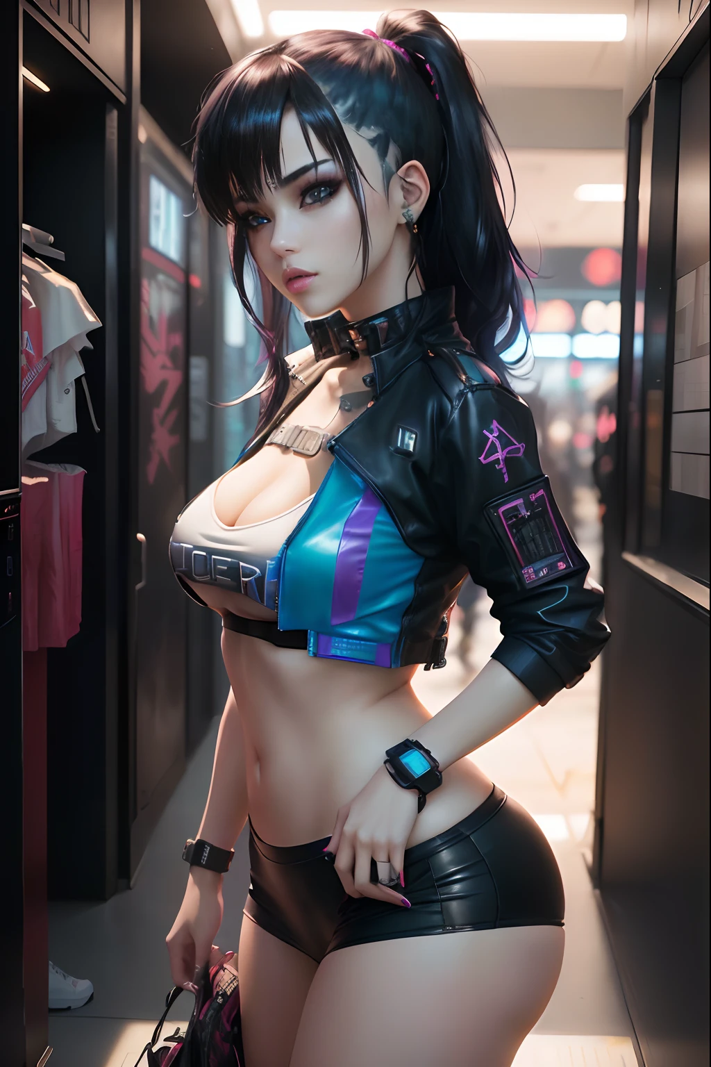 There is a woman posing in a leather jacket and panties, an oppai cyberpunk, cyberpunk 2 0 y. o Model girl, female cyberpunk anime girl, Cyberpunk Girl, Cyberpunk Anime Girl, cyberpunk beautiful girl, cyberpunk photo, dreamy cyberpunk girl, beautiful cyberpunk woman model, jet black haired cyberpunk girl, in the cyberpunk city, In a cyber-punk style, cyberpunk angry gorgeous goddess