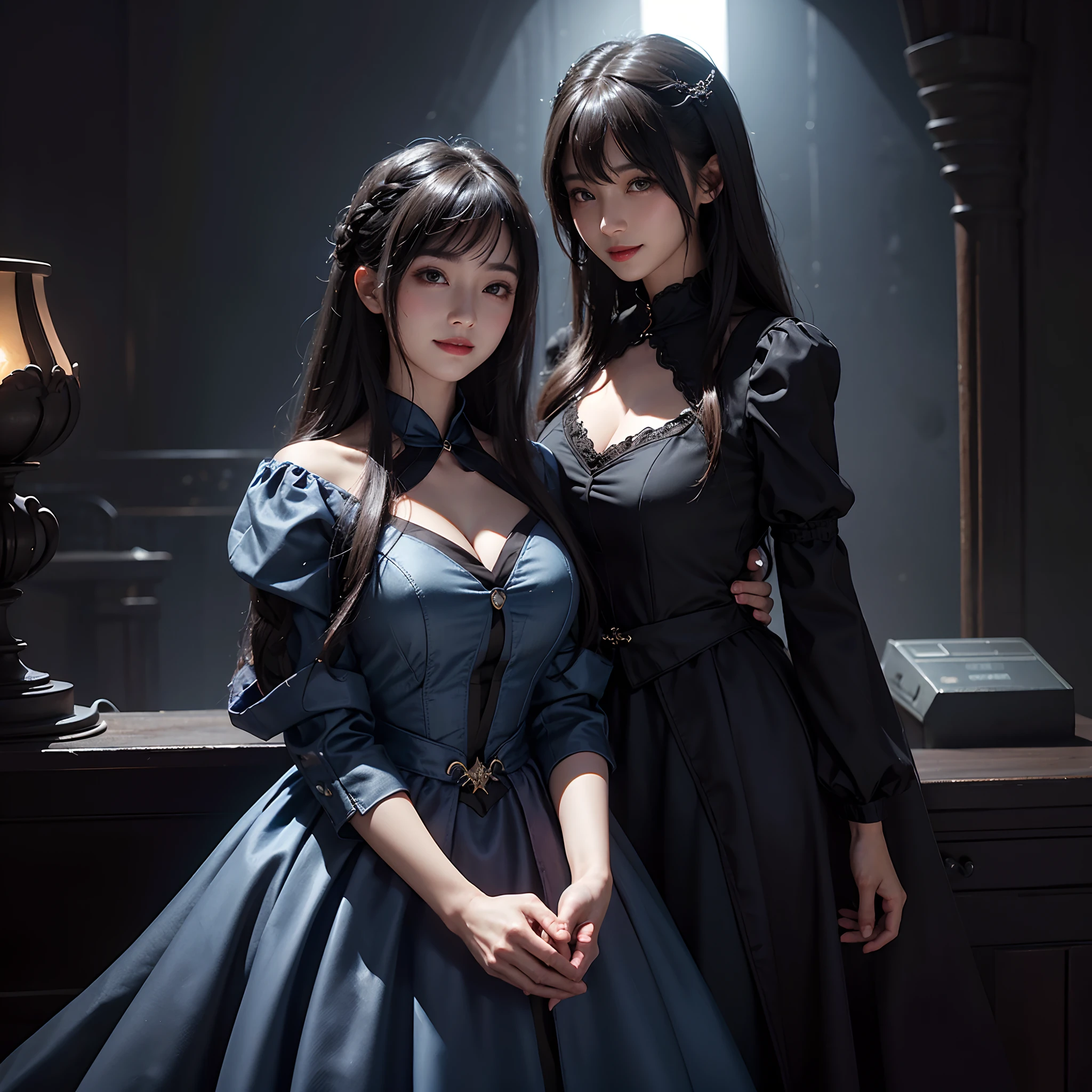 (Front focus)、(dark: 1.6)、Cardigan、Blue dress、Fantasy Art、photoRealstic、Dynamic Lighting、art stations、poster for、Volume Lighting、extra detailed face、4 K、Award-winning、 、1人、in the darkness nigth、deep-shadows、lowkey、(formal outfit:1.4)、Long、Dark Bran hair、Hair that grows to the shoulders、The best smile、Smiling eyes、Hands behind your back、