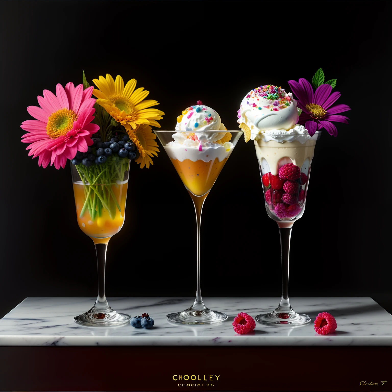 Colorful flowers on the table,
knickerbocker glory, tall and ultra-thin glasses, colorful ice cream, purple ice cream, raspberry, cooley, blueberry, chopped chocolate, powdered sugar, intricate, oil on canvas, masterpiece, expert, detail, 4K resolution, splash art, concept art, composition, framing, refined features,