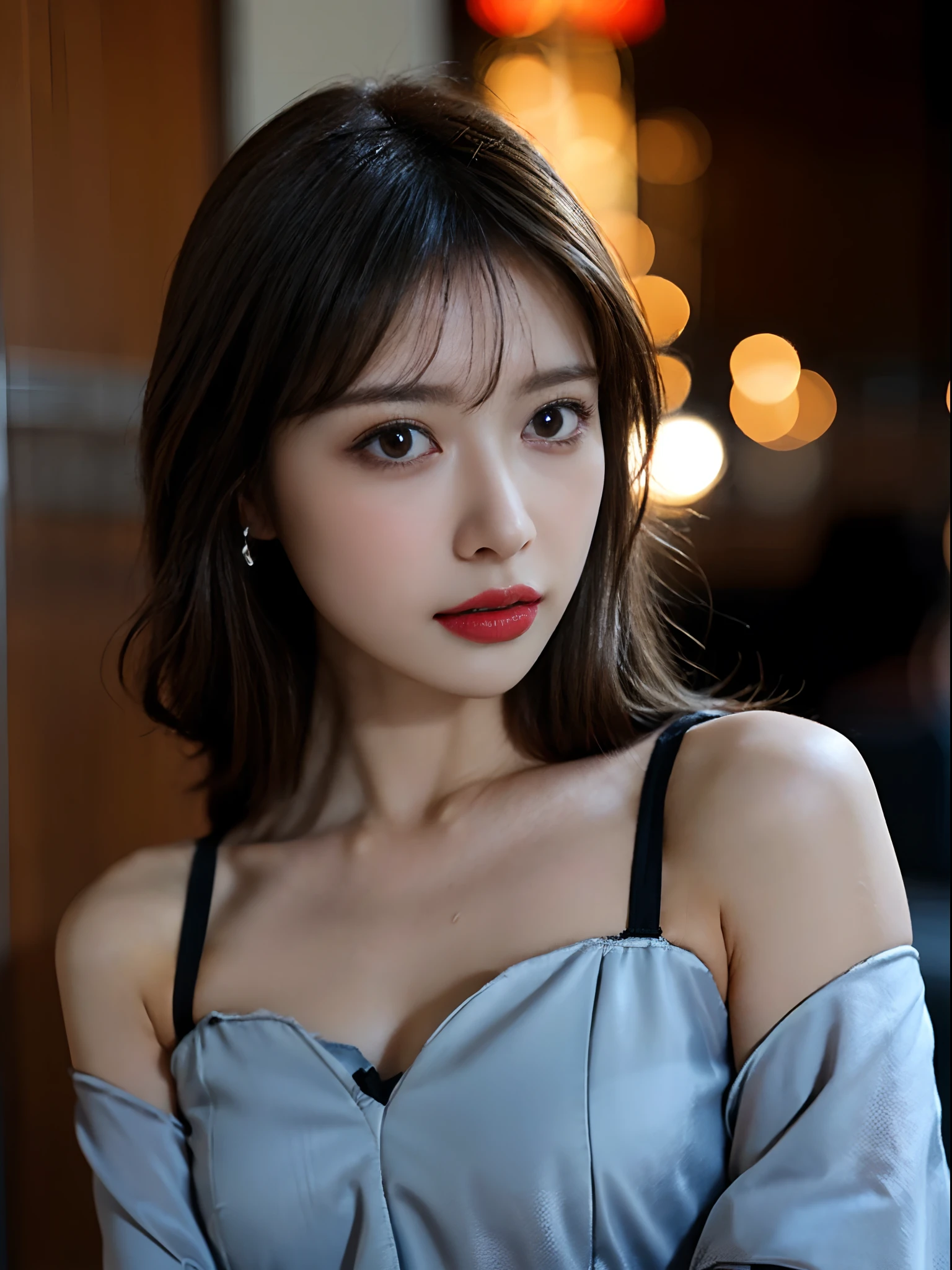 ((top-quality、8K、masuter piece:1.3)), 1 female, Beautiful girl emphasizing slender abs:1.3, ((爆乳:1.2)), Pose Seductive, Sexually seductive facial expressions, (Wearing ultra-thin black lace underwear: 1.4, Open your crotch, that are about to spill, Black off-shoulder, are visible, Cinematic lighting, hyperdetailed face, High detailed lips, A detailed eye, double-edged eyelid, Ecchi,