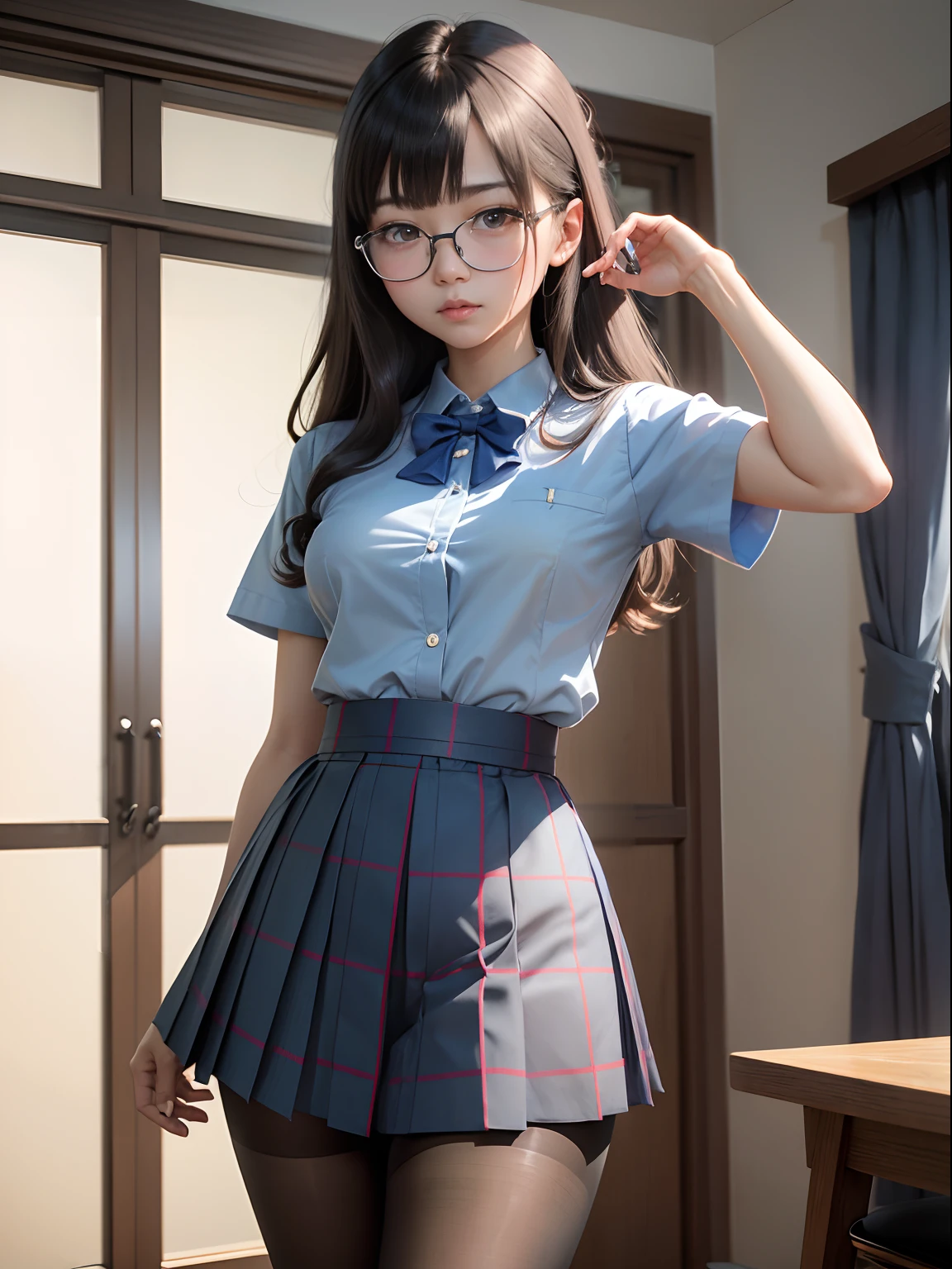 (8K、Raw photography、top-quality、masterpiece:1.2),watching at viewers,Looking at the front,shorttwintail,Bullish,Muchimuchi,Erotic,Pupils,Light Blue Bra,de pele branca,kne,(Black pantyhose),absurderes,a small face,small tits,flat breast,Parting the bangs from the middle、Forehead visible,(be shy,Tight eyes,glares,Bullish,skinny,Rasping,irate)、masterpiece,top-quality、超A high resolution,Raw photo,ren,Beautiful fece,One Person, 独奏,eye glass,,Dark look,Small breasts,fullllbody,Round glasses、cute little、Back to Student,JK school uniform,hi-school girl,A Japanese Lady,is standing,(Photorealsitic:1.37)、Photon mapping,Realistic、Cute little face,Brown-eyed、Black socks、(Red bow tie)、Radio City、Physically Based Rendering、Foreground、depth of fields、Blurry background、a picture,The girls、Body,beauty legs, Long legs, Thin leg,Tie your hair into one strand on your chest,(Bangs are visible), hair, s lips, Blue_The eye, nosesoft,(Light blue shirt), (Navy and blue and white plaid pleated skirt), Knees are visible,Sheer clothing,, Thigh, Black cotton socks,Nogizaka Idol, 女優, Japanese ido
