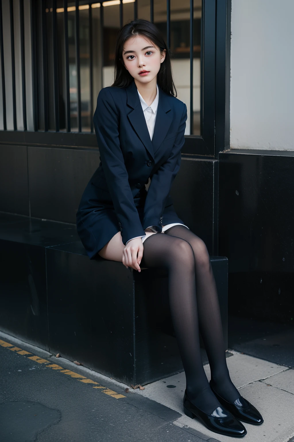 Best quality, full body portrait, delicate face, pretty face, woman, slim figure, large bust, OL uniform, office clothes, navy blue stockings, no shoes, outdoor scene, sitting position