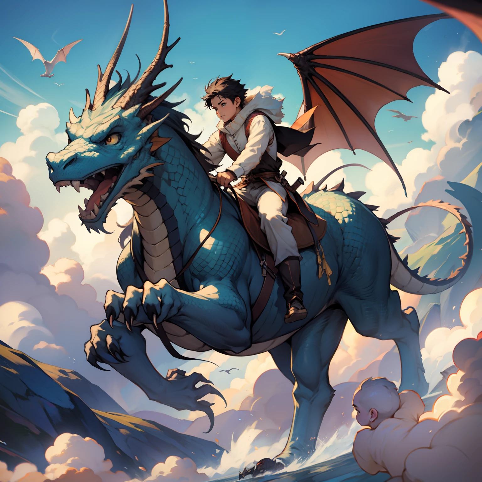 Two male teenagers are riding a dragon and the two are kissing. They are wearing primitive Nordic clothing. The dragon is very large and can hold up to five people. It has blue skin, yellow eyes, three horns, very long wings, very beautiful legs and a snake-shaped tail. They are flying in the sky in the afternoon. The sky is orange with yellow and the two are sitting and kissing. They are both male. The image has to be in anime.