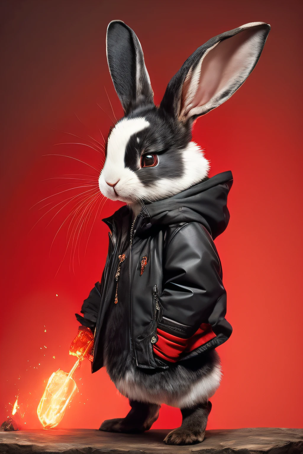 Alafed rabbit with black jacket and red background, portrait of a bugs bunny, Anthropomorphic rabbit, bad bunny, bunnypunk, wojtek fus, Rabbit, electrixbunny, rabbit warrior, in bunny suits, Playboy Bunny, inspired by Kanō Naizen, Bunny suit, Playboy style, rabbt_Character, Peter Alexander Hay