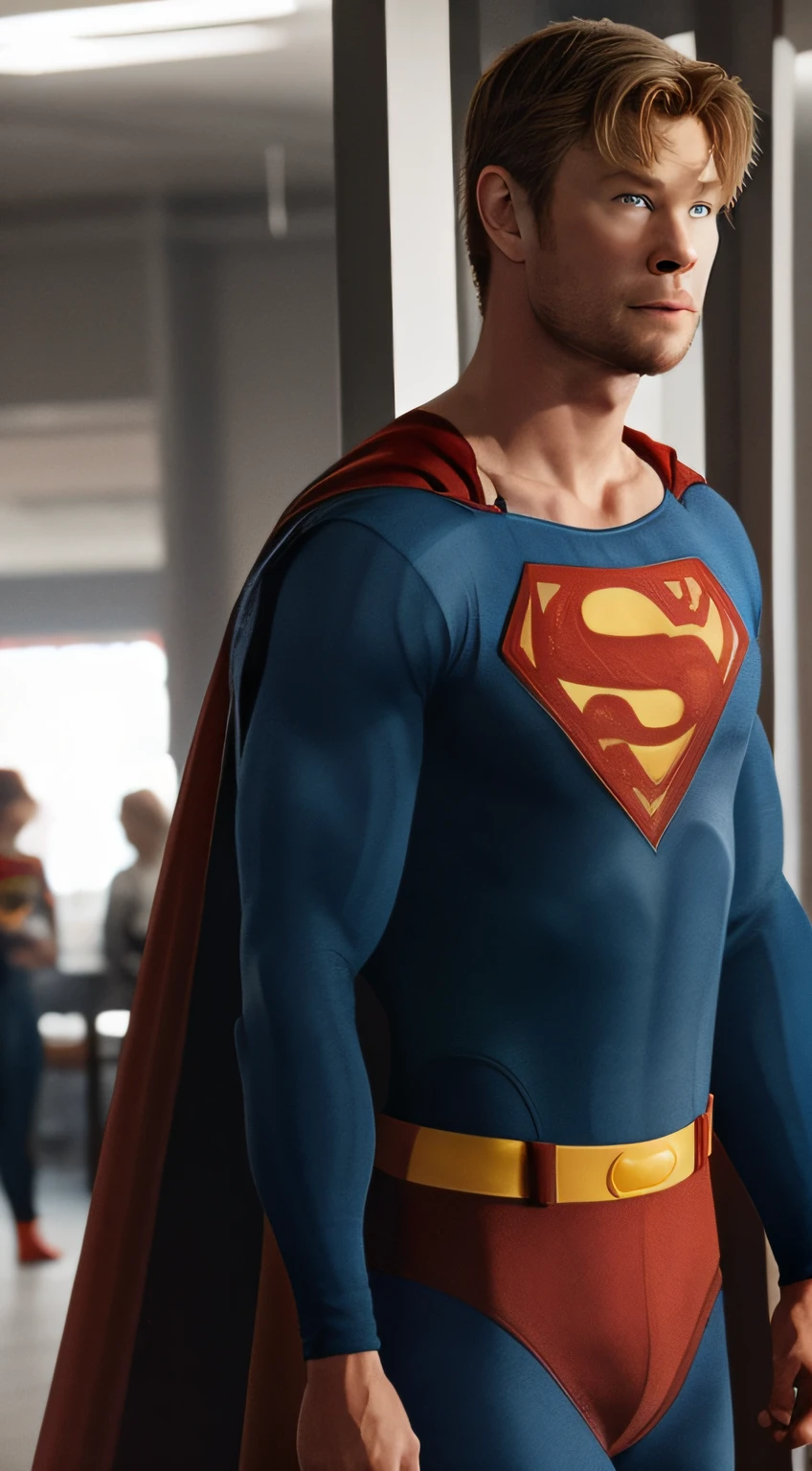 close-up, man (Chris Hemsworth, wearing a classic superman suit), upperbody, showing belt