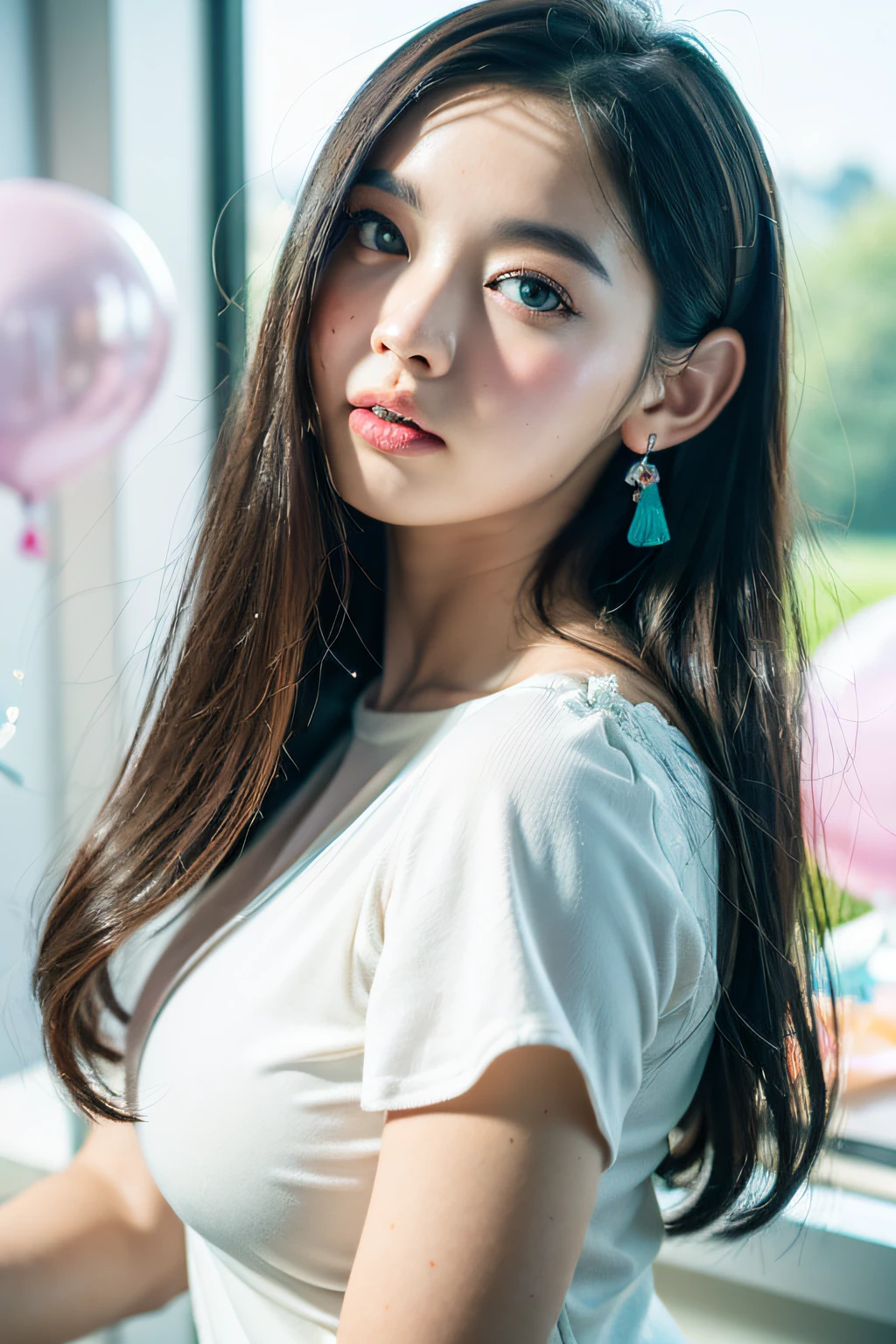 (MASTERPIECE:1.2),(CGI ART:1.3),(REALISTIC:1.5),(POST PROCESSING:1.3),(SHARP FOCUS:1.3),8K,1 girl in bedroom, ((UPPER BODY)), ((white dress)), (((shiny skin))), (wide shot:1.4), window, (((Pastel balloons MESS IN BACKGROUND))), (high shadows detail) , (ILLUSTRATION:1.2), (ulzzang-6500:1.0), ((HDR)),