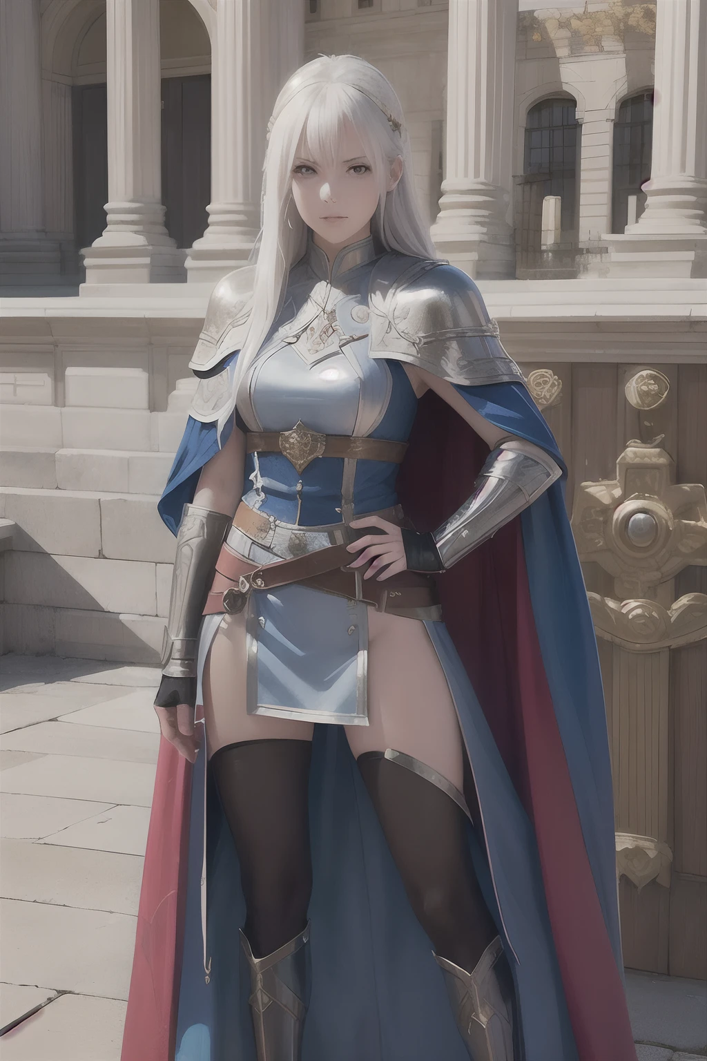 full body view of young female with sword and cape holding sword in hand, In front of the gate of the royal castle, official character art, young female, pretty female cleric, fus rei, cushart krenz key art feminine, female cleric, she is holding a sword, gorgeous female paladin, ( ( character concept art ) ), portrait of a female anime hero, ashe