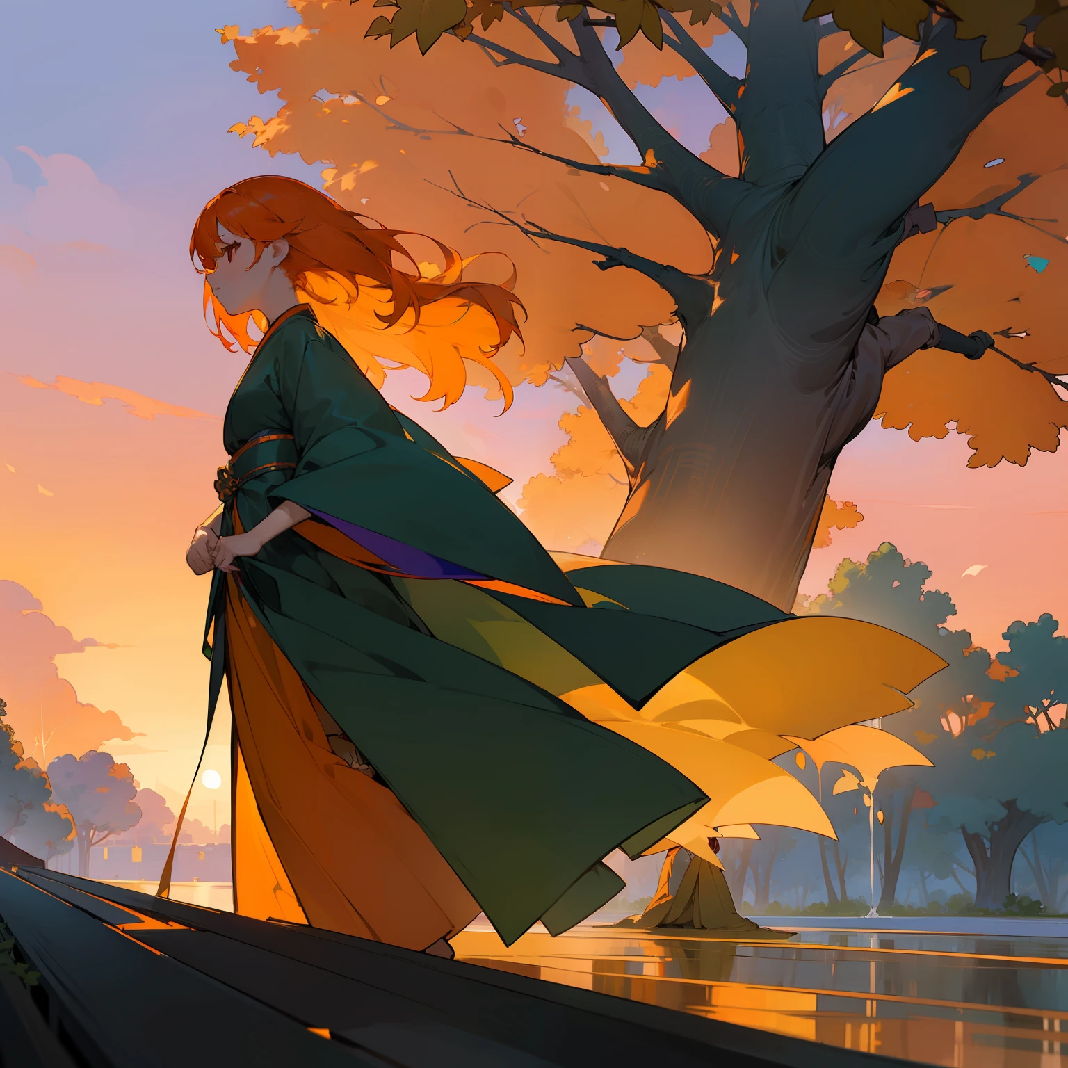 (Beautifully Aesthetic:1.2)、(1girl in:1.3)、(colourful hair、Black and orange hair:1.2)、colourfull、Beautiful sunset、Fantastical、Large ginkgo tree、Japanese dress、Gentle expression、longevity、solemnity、Calms the soul、