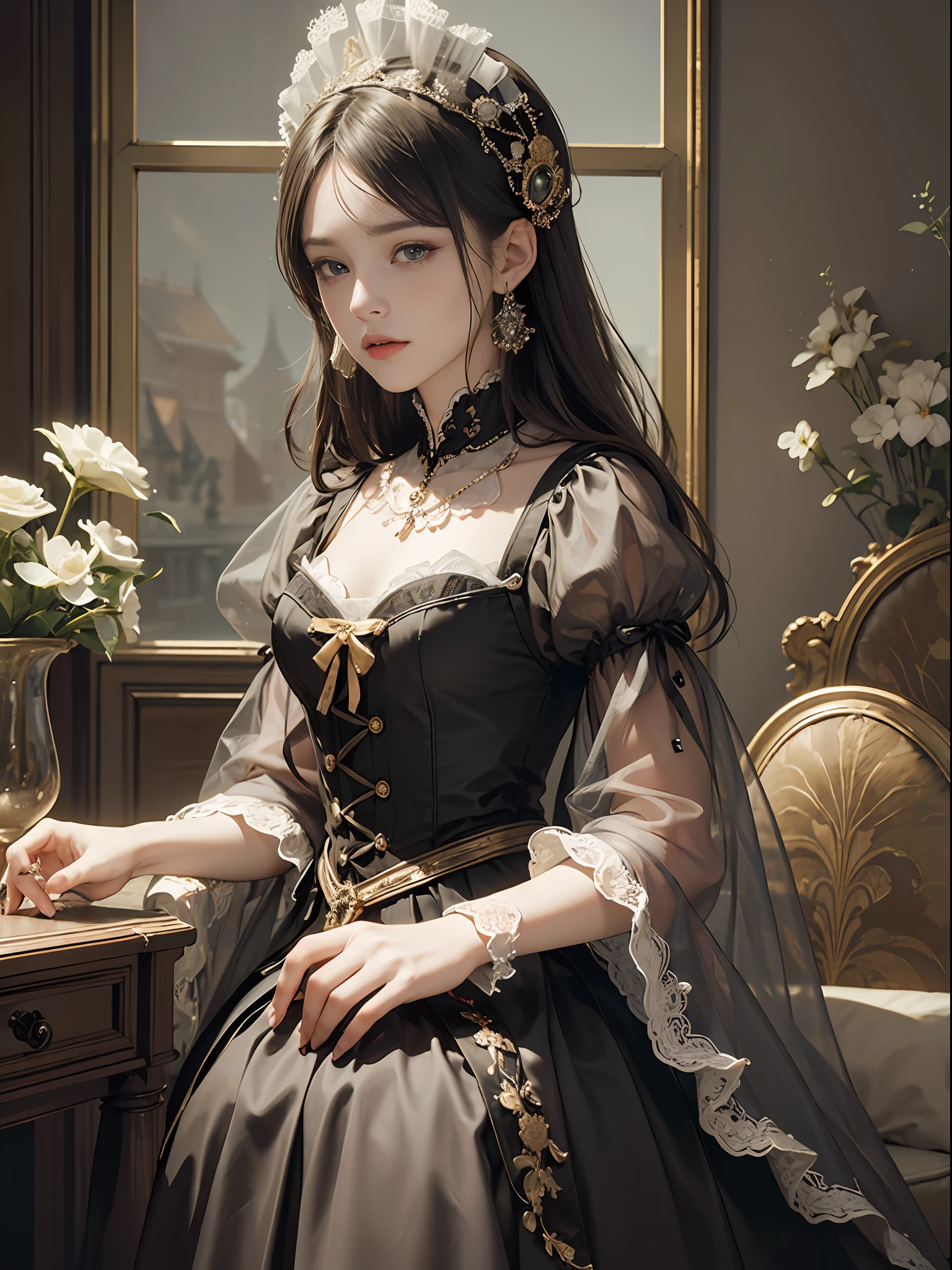 (Pure Color: 0.9), (Color: 1.1), (Masterpiece: 1,2) 30 years old, Best Quality, Masterpiece, High Resolution, Original, Highly Detailed Wallpaper, Beauty, Victorian, Dress, Melancholy, Sepia Color, 30 years old