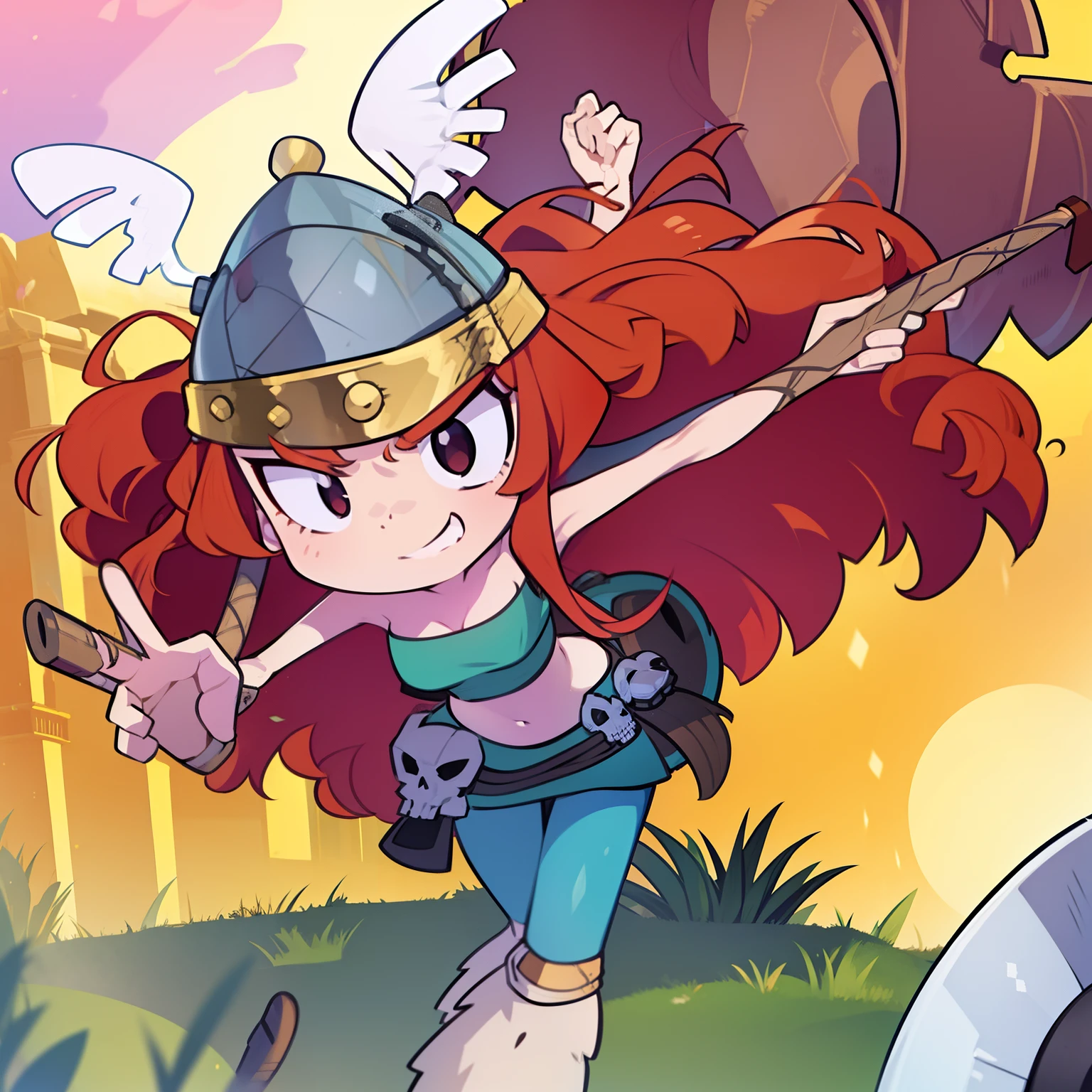1girl, Barbara, long hair, red hair, helmet, skirt, tube top, curly hair, skull, black eyes, perfect anatomy