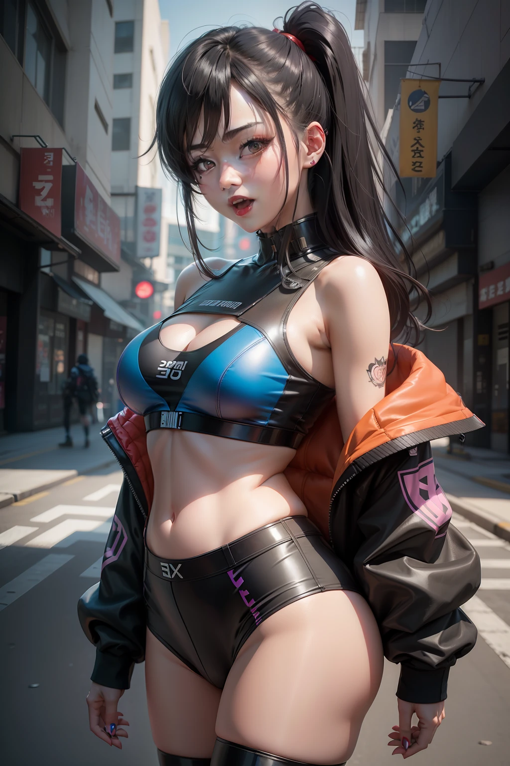 Korea person,A dark-haired,cute little,Blue Dancewear, female cyberpunk anime girl, Cyberpunk Anime Girl, cyberpunk 2 0 y. o Model girl, Seductive Anime Girl, an oppai cyberpunk, 3 d anime realistic, Hyper realistic anime, photorealistic anime girl render, hyper-realistic cyberpunk style, a hyperrealistic schoolgirl, realistic anime 3 d style, photorealistic anime,red-lips,Laughing