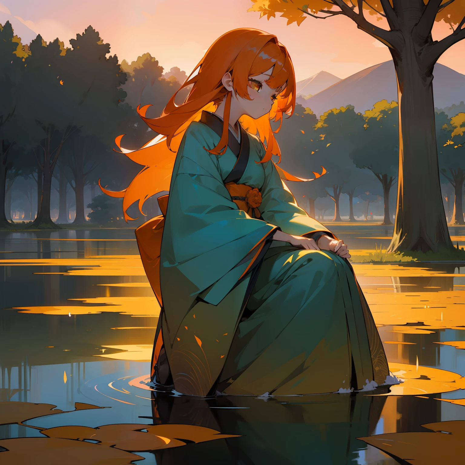 (Beautifully Aesthetic:1.2)、(1girl in:1.3)、(colourful hair、Black and orange hair:1.2)、colourfull、Beautiful sunset、Fantastical、Large ginkgo tree、Japanese dress、Gentle expression、longevity、solemnity、Calms the soul、