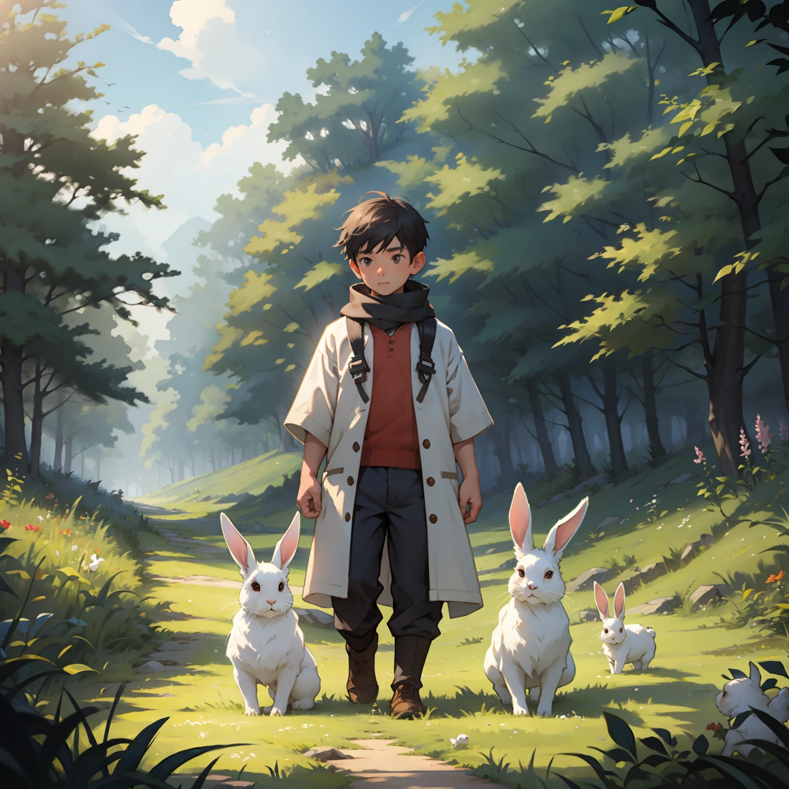 A boy with，A group of little white rabbits，grass field
