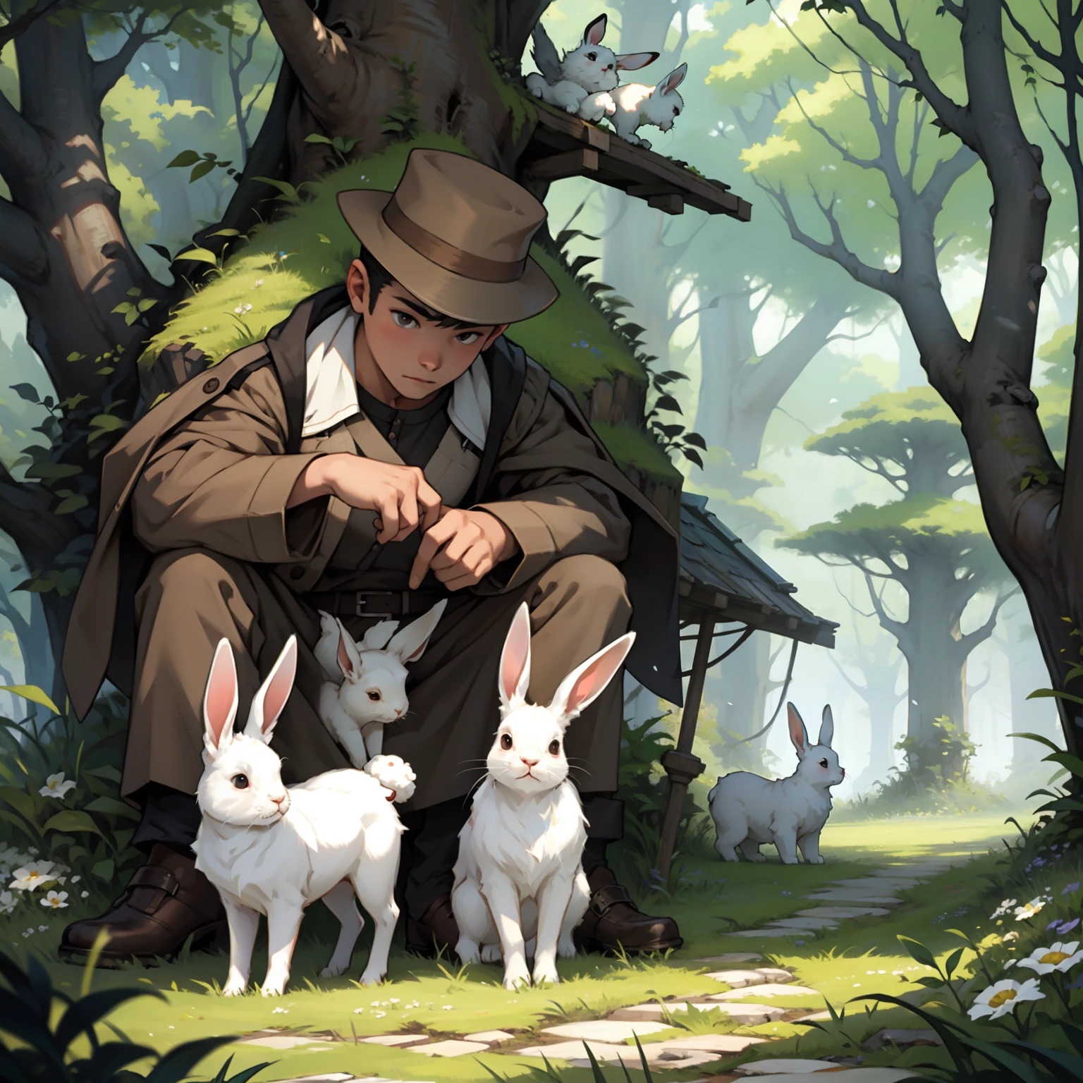 A boy with,A group of little white rabbits,grass field