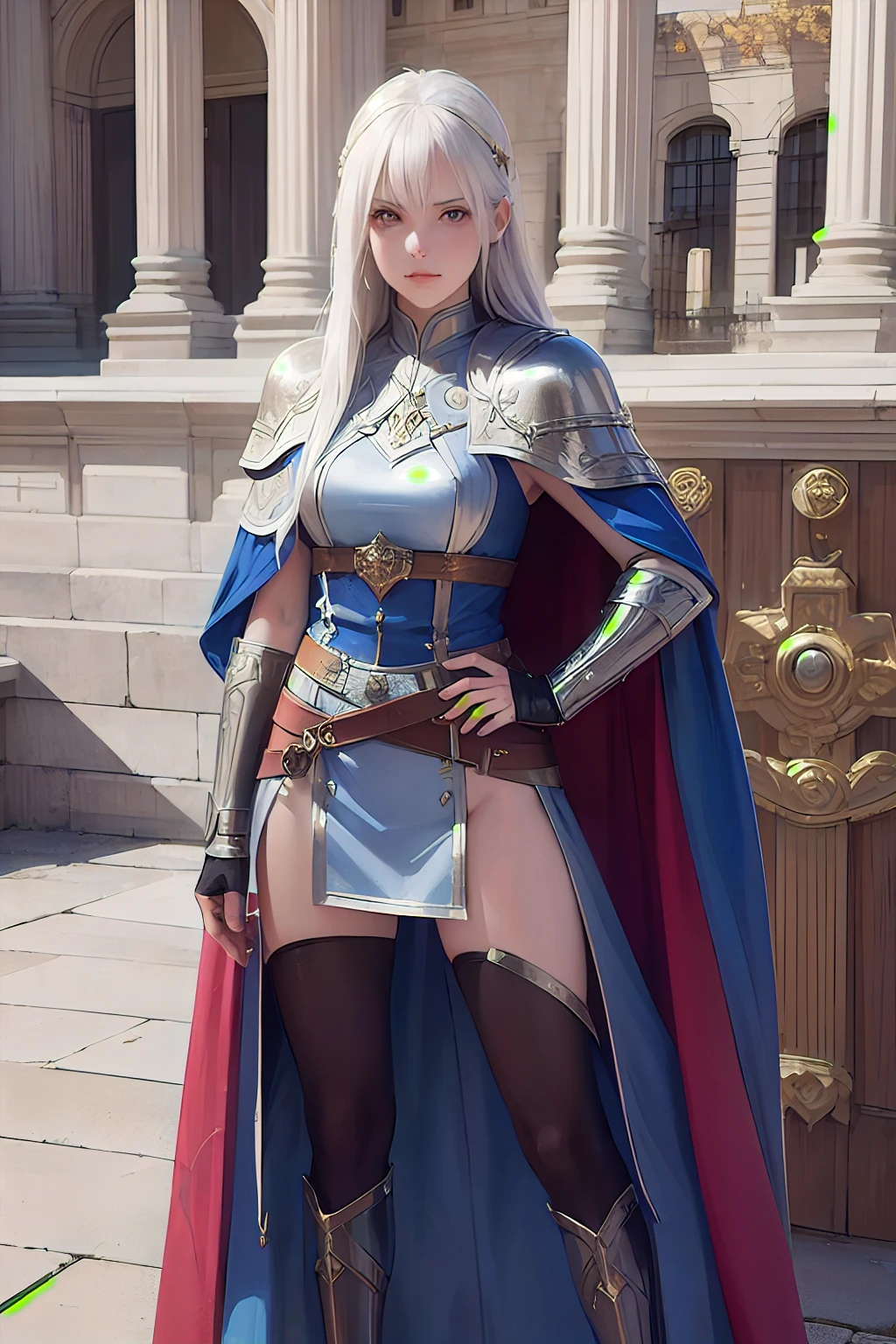 full body view of young female with sword and cape holding sword in hand, In front of the gate of the royal castle, official character art, young female, pretty female cleric, fus rei, cushart krenz key art feminine, female cleric, she is holding a sword, gorgeous female paladin, ( ( character concept art ) ), portrait of a female anime hero, ashe
