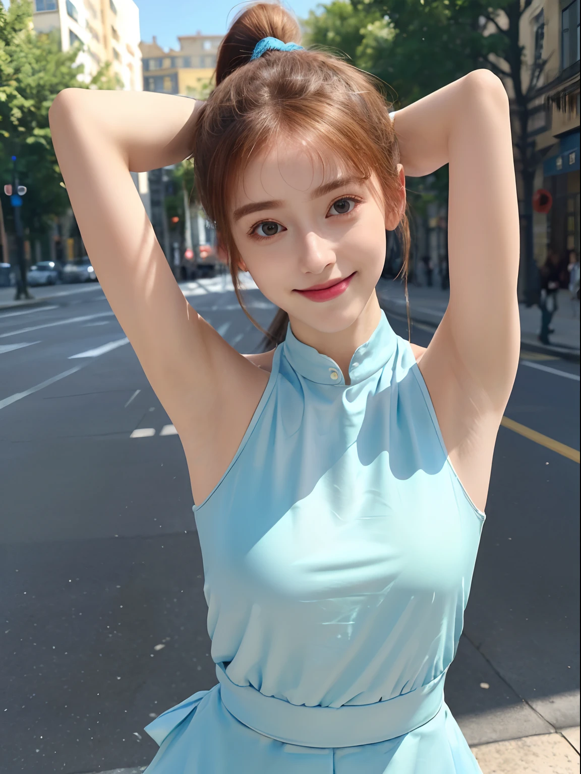 ((Show underarms、Armpit、Detailed armpit wrinkles、Raise your hands to show your armpits、in a street、In the city、Looking here、A smile、bright sunlight on the body、high-ponytail Hairstyle))、top-quality, (reallistic:1.3), (真实感, Hyper-Realism:1.2), 1girl in, a white girl, (​masterpiece), Convoluted (High Details), Detail skin, Short:1.2, (High Details:1.1), NSFW, HighDynamicRange, (beauitful face), Hillez, Directional writing, foco nítido, full body Esbian