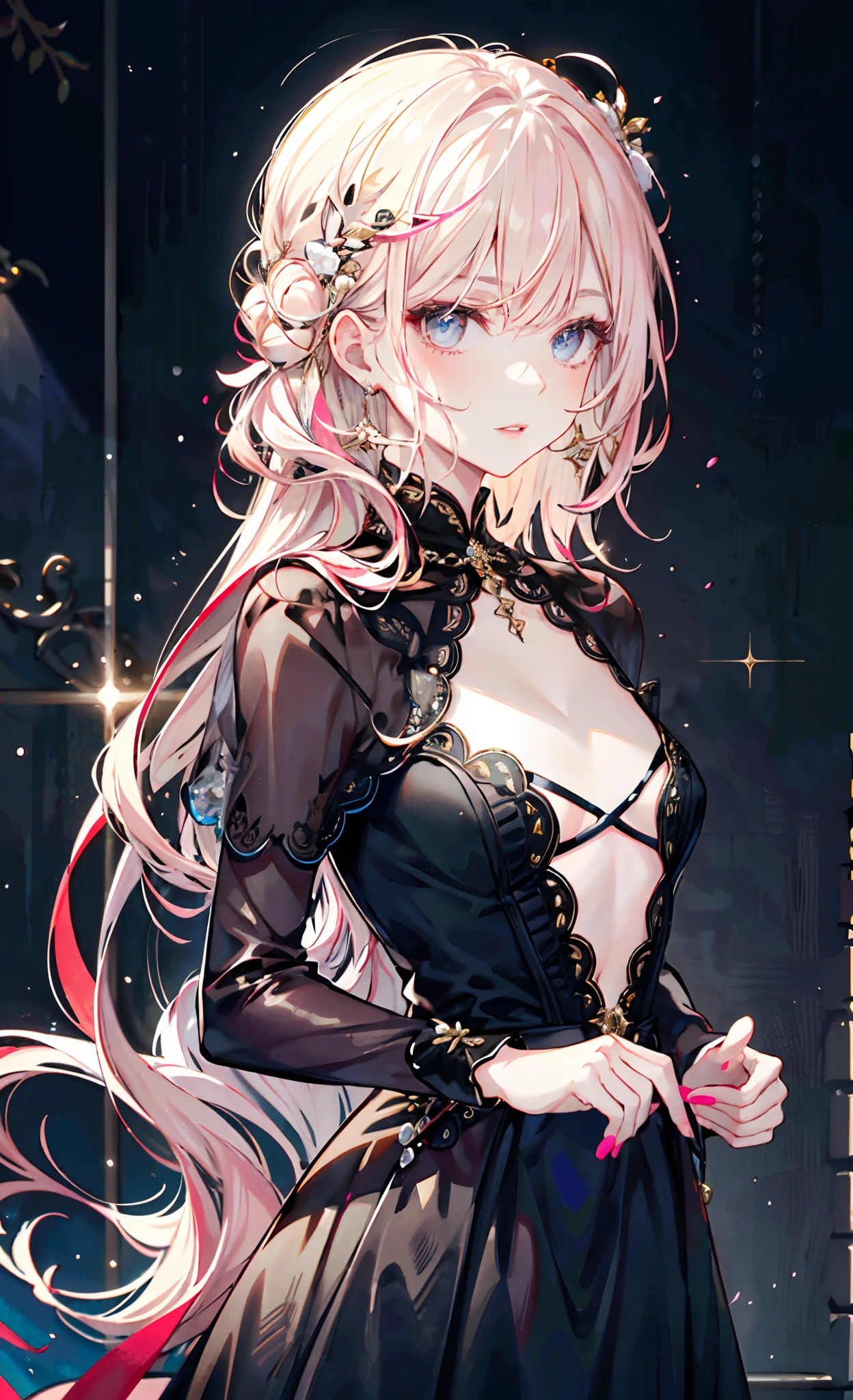 (Complete head:1.9),meticulous portrayal of face,1 noblewoman,a matural female,Black dress long dress,Pink White Long Hair,Prom background, s the perfect face, perfect hand, Perfect Finger, Perfect lips, perfect eyes, Perfect background