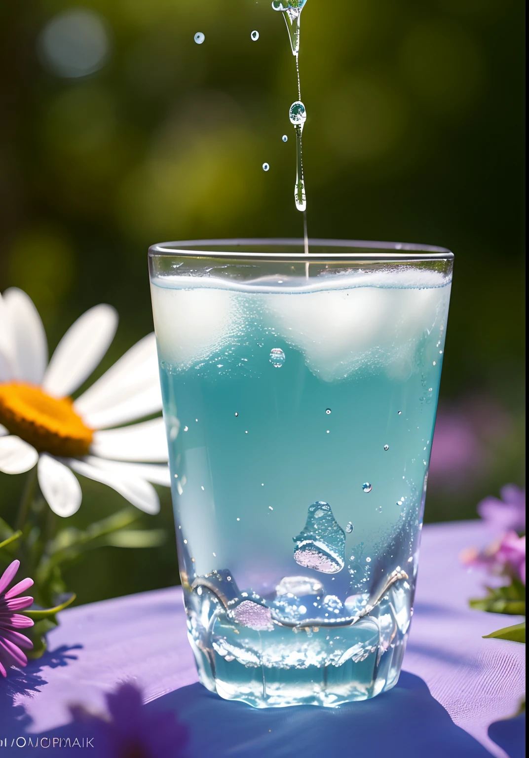 A glass with drops of water filled with carbonated drinks, translucent liquid, ice cubes, bubbles, a floral crown of daisies and lavender on picnic tablecloths, midday outdoor lighting, open air, natural background, summer day, hot weather, high detail, very humid humidity, high brightness, wet watermarks, excessive detail, surrealism, soft light, studio lighting, diffuse soft light, shallow depth of field, sharp focus, bokeke effect, light tracking, subsurface scattering, complex soft light, diffuse soft light, highly detailed glass reflection, ultra-thin (ultra-thin), ultra-thin) (thin, ultra-detailed), cinematic, surrealism, hardware, best quality, ultra-high resolution (photorealistic: 1.4), high resolution, detail, raw photography, clear reproduction, 4 kodak portra 400 stock camera, f1.6 lens, realistic texture, spectacular lighting, not a real engine, popular on artstation, cinemas up to 800,