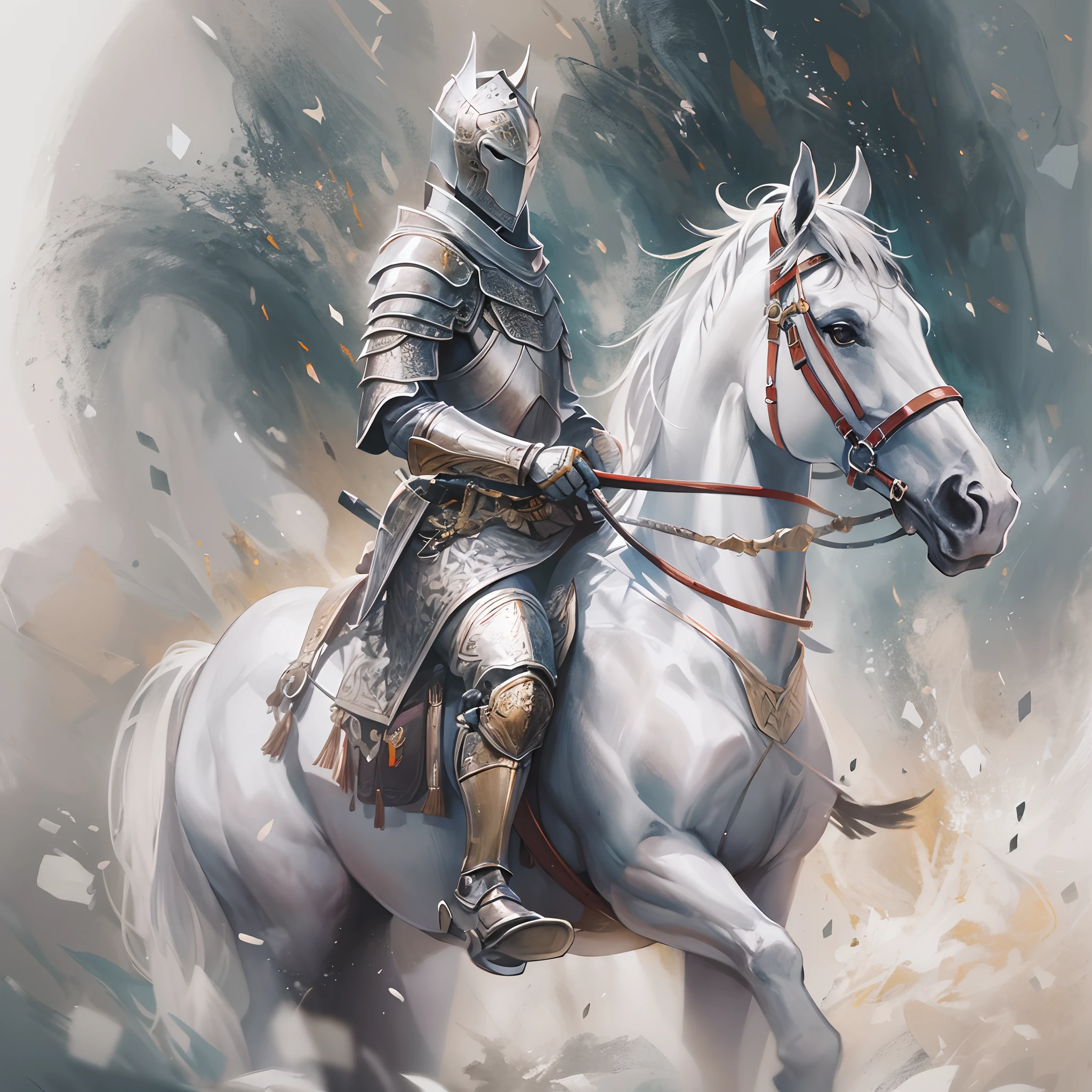 1 Knight of the White Horse,Long gun in hand, Ink painting style, Clean colors, decisive cutting, White space, freehand brushwork, Soft lighting,dreamy glow, ( Bokeh),Masterpiece, Super detailed, Epic composition, Highest quality, 4K,