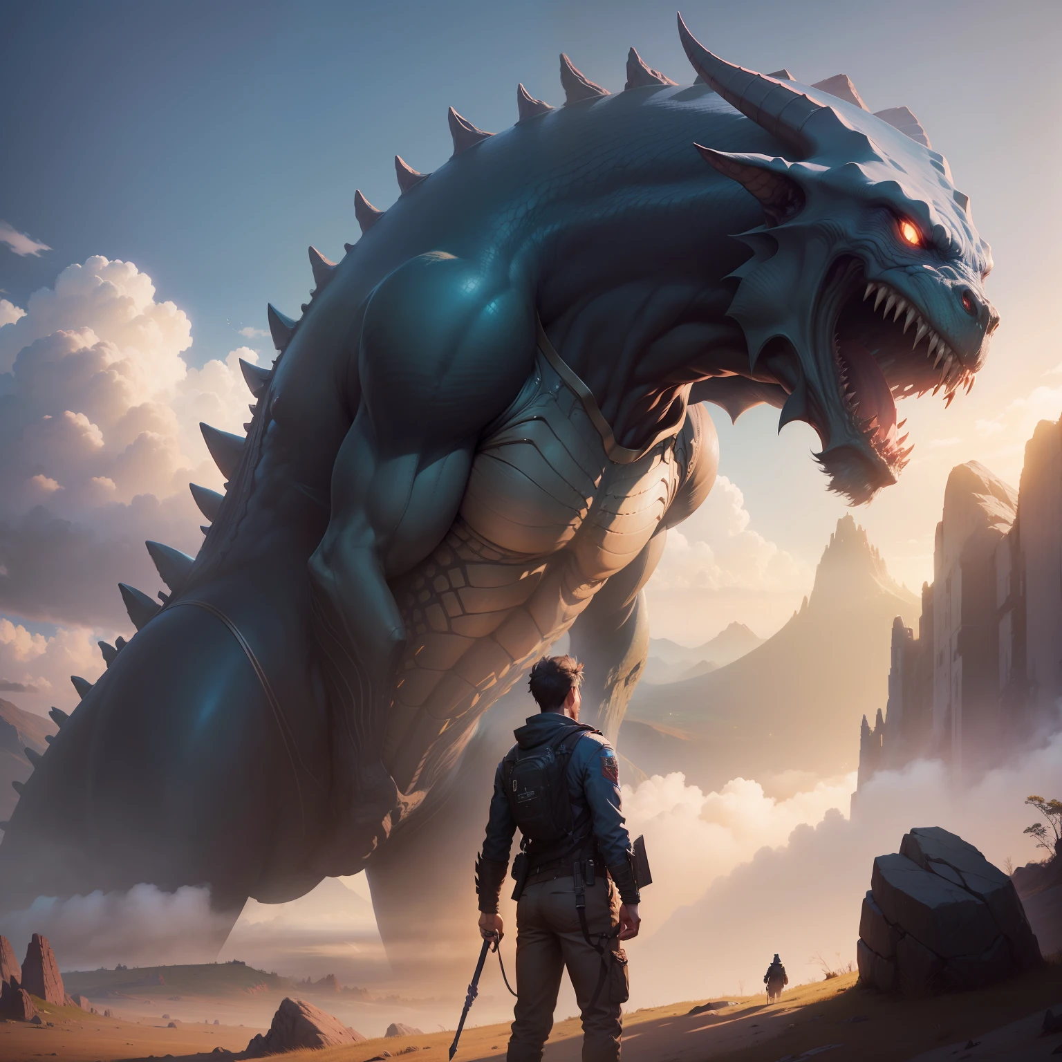 A very detailed painting,world in the sky, Depicts a man have a weapon on a hill gazing at a giant alien monster lightning rain breath, author:Shinkai Makoto, By Art Jem, From Wlop, author:Greg Rutkowski, Volumetric Lighting, Octane Rendering, 4K resolution, Popular on artstation, masterpiece ,flame magic