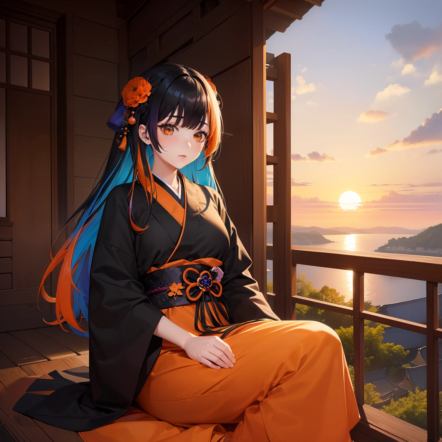 (Beautifully Aesthetic:1.2)、(1girl in:1.3)、(colourful hair、Black and orange hair:1.2)、colourfull、Beautiful sunset、Fantastical、Big ginkgo tree、Japanese dress、Gentle expression、longevity、solemnity、Calms the soul、