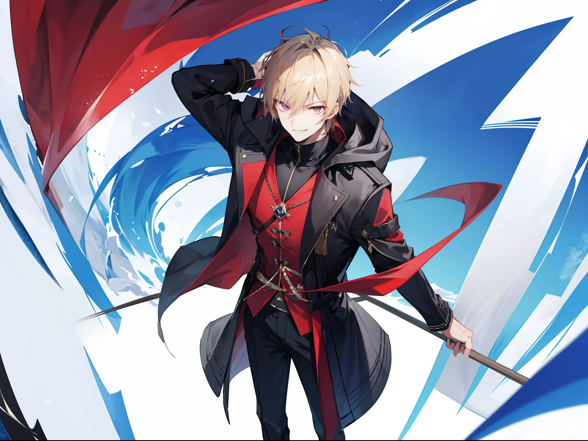 "Generate a 4k image of the badass male character Zen, with spiky blonde hair, purple eyes, smiling arrogantly, standing confidently, wearing a black fantasy coat."