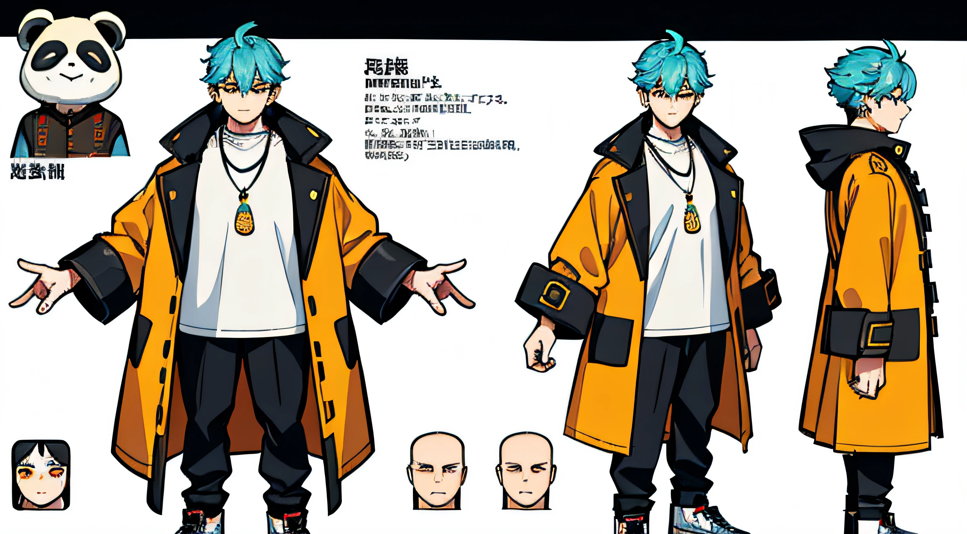 (Masterpiece, best quality) detailed, character sheet, many items (the same person, ananas necklace, ananas earrings, coat with panda pattern, panda ears on clothes, streetwear clothes, elegant, many parts), male!!, adult, man!!, 1boy, turquoise hair, curly hair, orange eyes, carefully good-looking eyes, good-looking perfect face, full of details, 8k, high res, ultrasharp, professional, full body cgsociety, concept art style, blank backround, white background, full-body!!