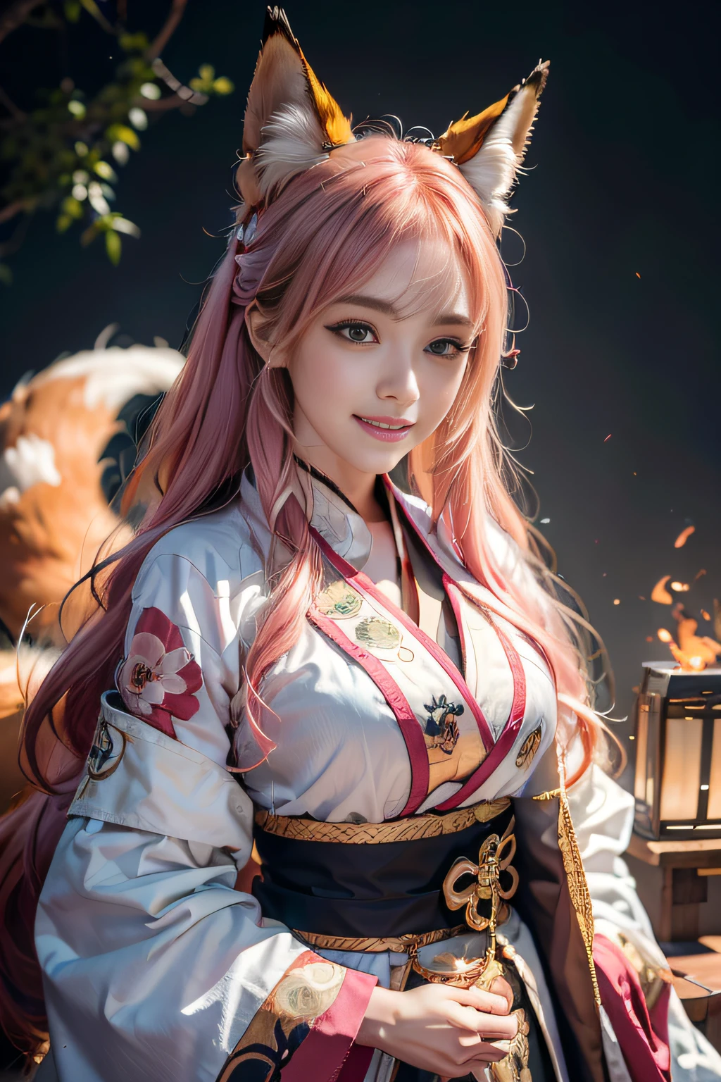 hyper HD, Anatomically correct, Super detail, Award-Awarded, Best quality, High details, retinas, Textured skin, Masterpiece, High quality, A high resolution, ccurate, 8K，1girll,Solo, Happy smiling official art, Unity 8k wallpaper, Ultra detailed, Beautiful and aesthetic, Beautiful, Masterpiece, Best quality, Kitsune witch, kitsune mask, Pink and white haori jacket, Foxfire spell, The fox is familiar, Transformation,Depth of field