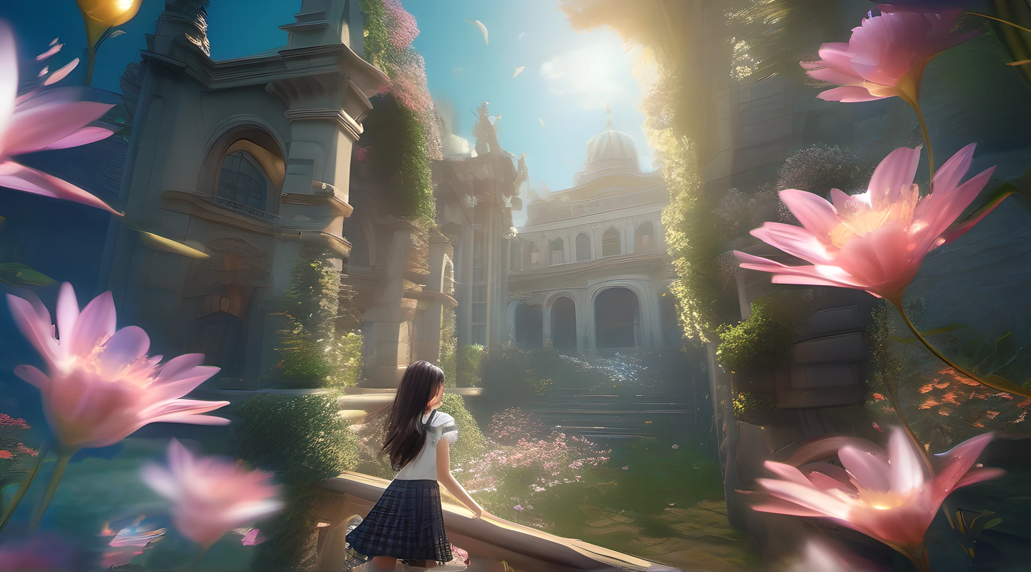 ccurate, best quality, masterpiece, UHD, high details, award winning, (Amazing:1.1), (Surrealism), Conceptual art, Verism, cinematic lighting, floating ruins in the sky, (((beautiful flower garden))), Horizon, blue sky, paradise scenery, flowers, wind flow, (((fantasy))), frontier, (magnificent space), blurry foreground, bokeh, Hasselblad, lens flare, beautiful school girl, (17 yr old), ((((full body)))), from behind, she is dancing, without looking at me, (((wearing school uniform))), black eyes, black hair, (floating hair), ((8 life size)), detailed hairstyles, detailed bodyline, anatomically correct, cute face,