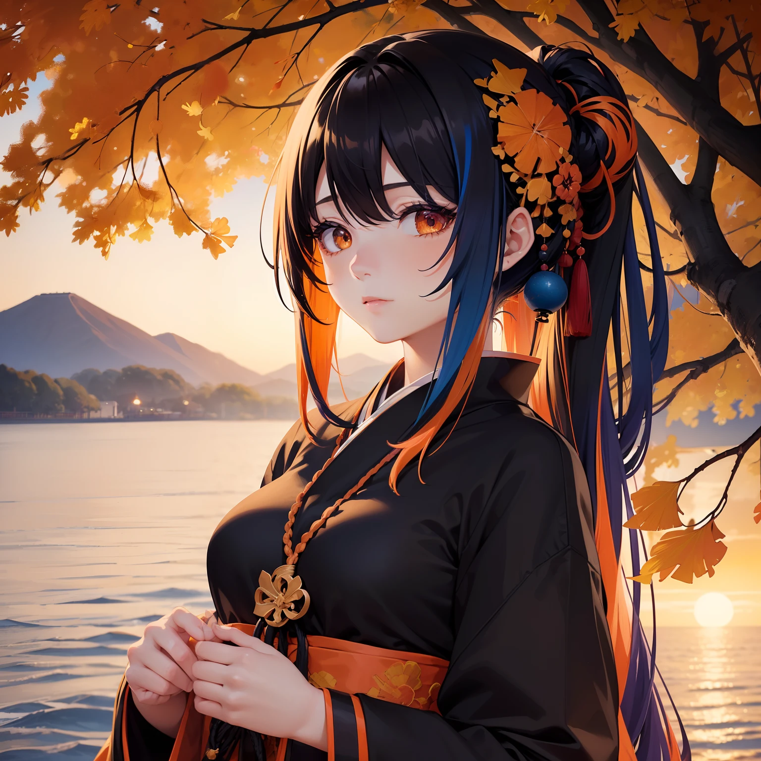 (Beautifully Aesthetic:1.2)、(1girl in:1.3)、(colourful hair、Black and orange hair:1.2)、colourfull、Beautiful sunset、Fantastical、Big ginkgo tree、Japanese dress、Gentle expression、longevity、solemnity、Calms the soul、