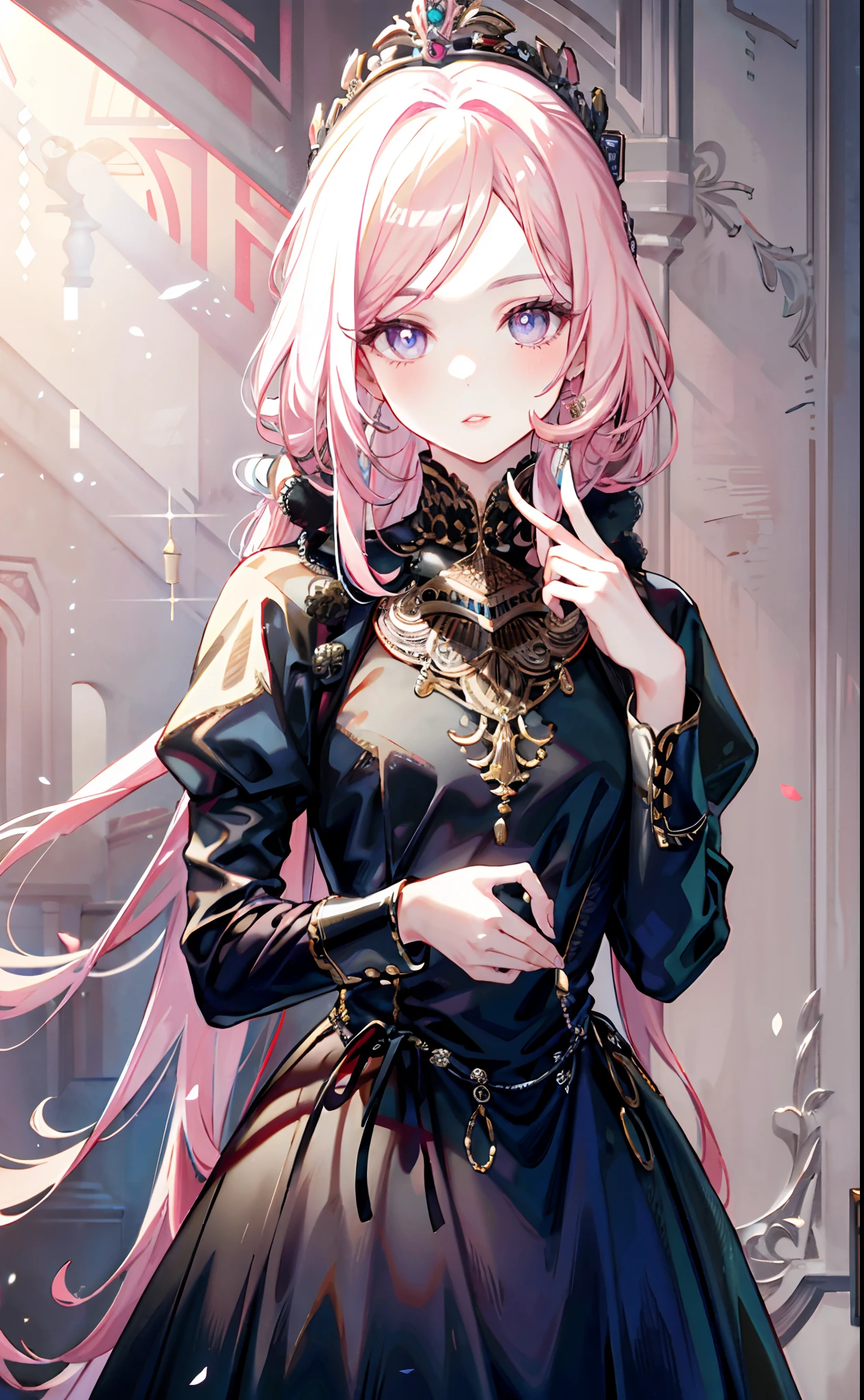 (Complete head：1.9)，meticulous portrayal of face，1 noblewoman，a matural female，Black dress long dress，Pink White Long Hair，Prom background，  s the perfect face， perfect hand， Perfect Finger， Perfect lips， perfect  eyes， Perfect background