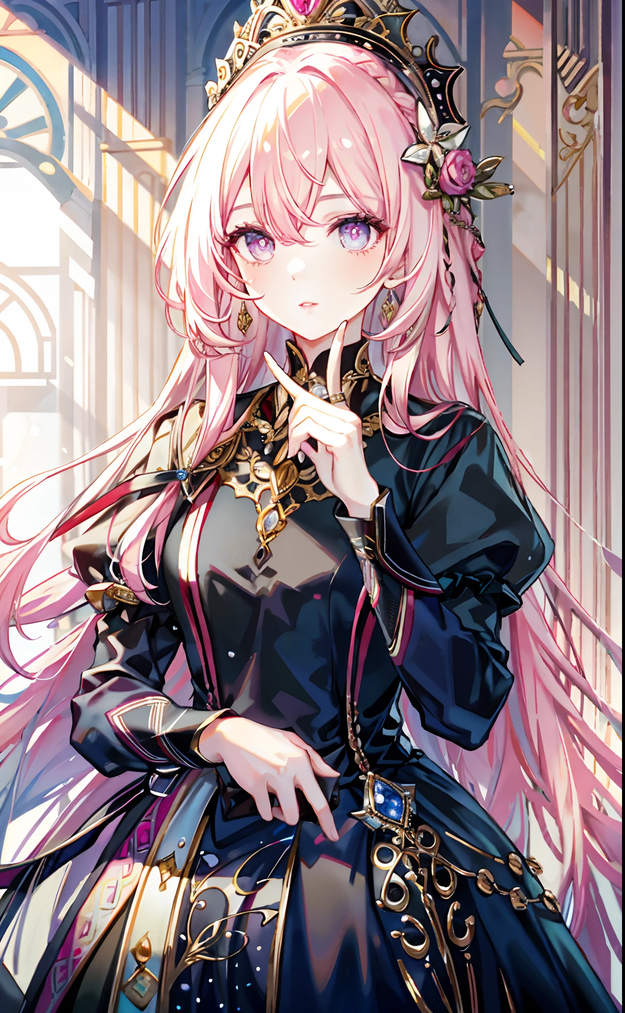 (Complete head:1.9),meticulous portrayal of face,1 noblewoman,a matural female,Black dress long dress,Pink White Long Hair,Prom background, s the perfect face, perfect hand, Perfect Finger, Perfect lips, perfect eyes, Perfect background