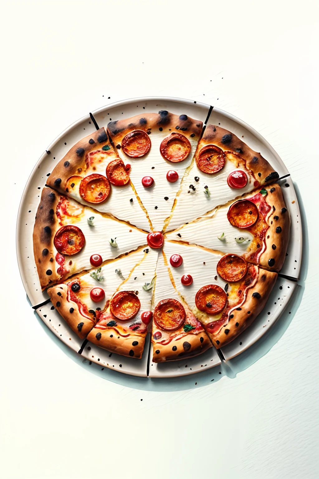A minimal abstract image of pizza, painted using water colour on a white canvas