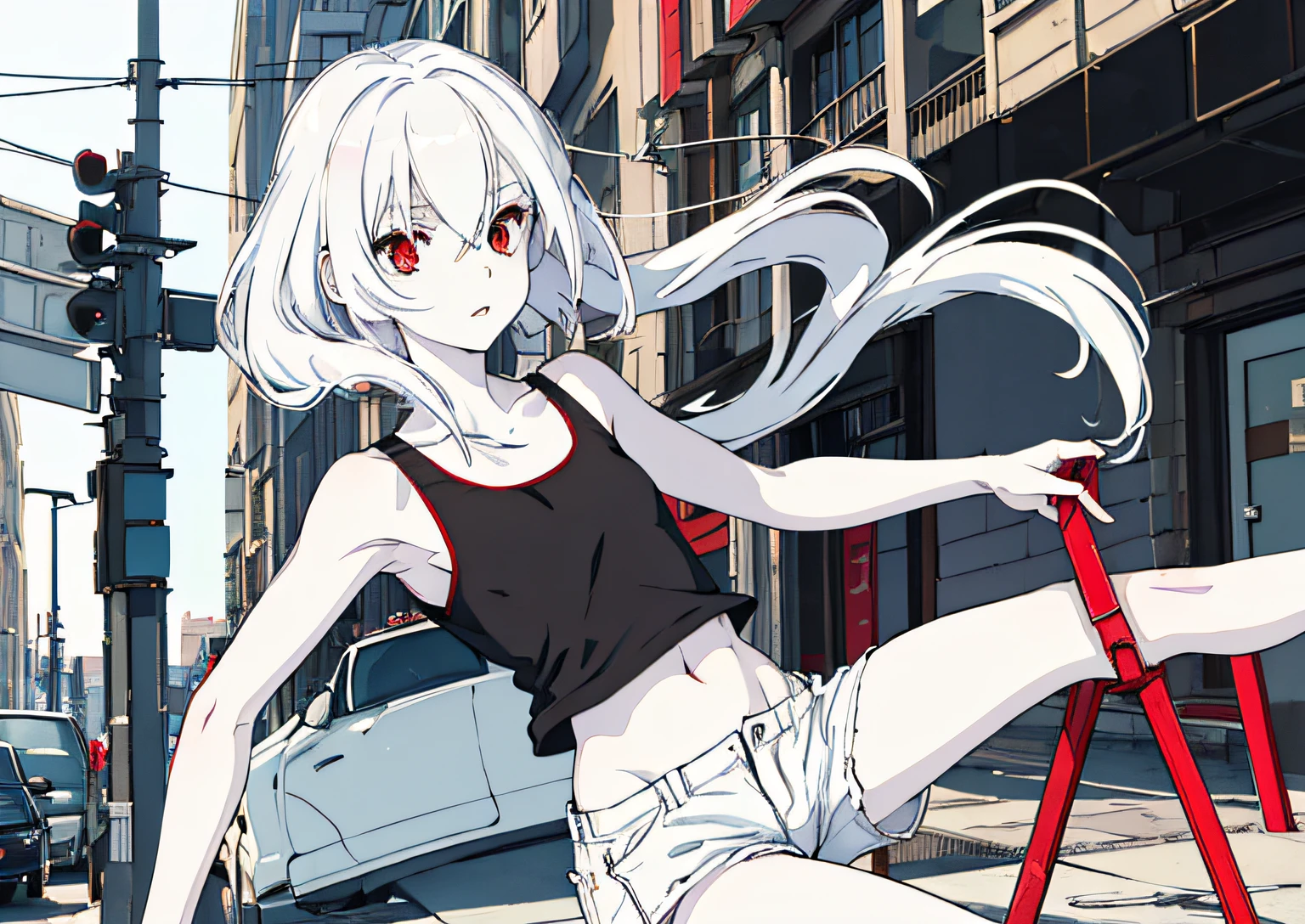 (masterpiece, best quality), young white haired girl in ponytial, red eyes, pale skin, skinny body, flat chest, tank top and shorts, on the street