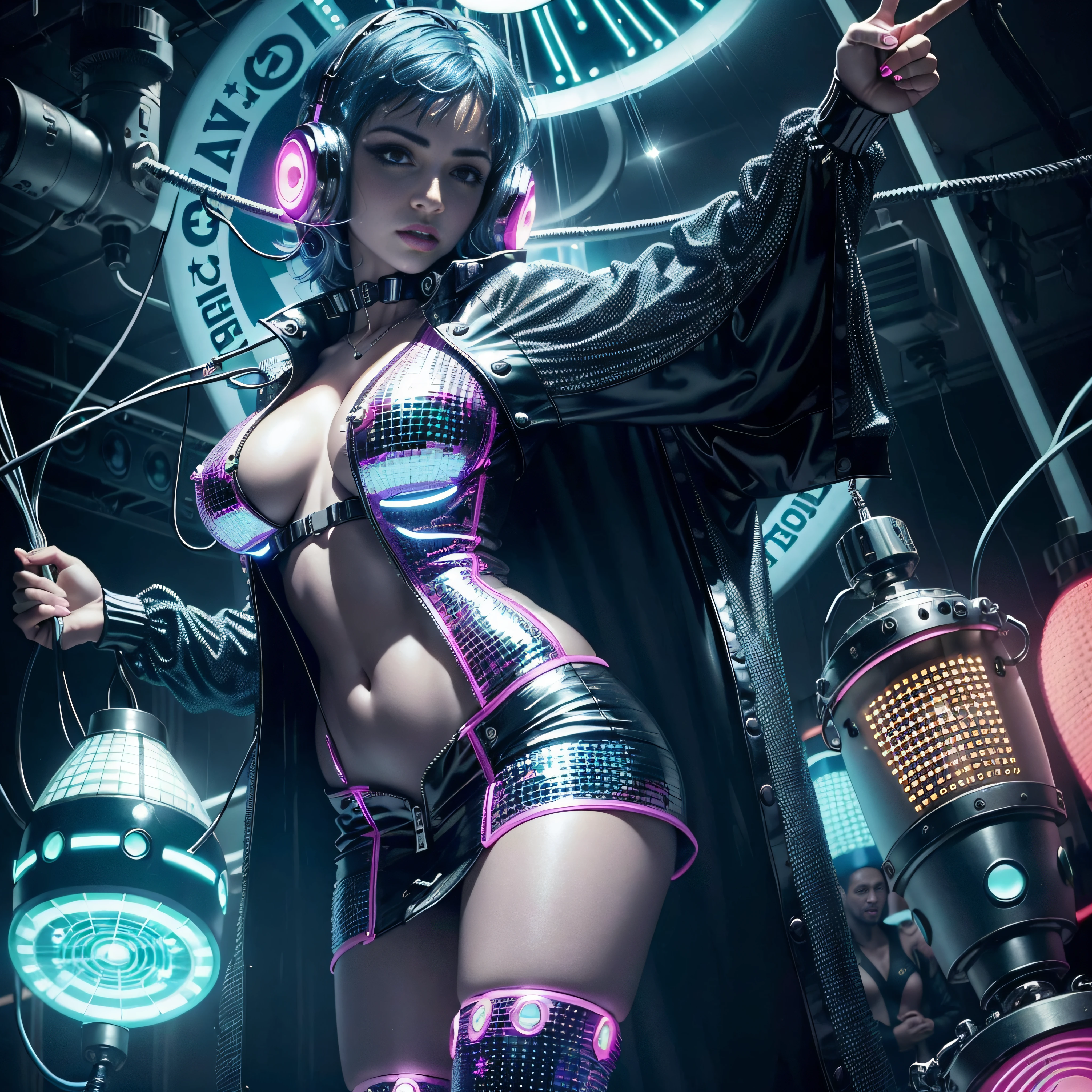 disco, (disco ball:1), (Adult Spanish woman:1.6), holding wires, looking to camera, (polyvinyl Jacket With Rivets:1.3), (rave fashion:1.6), (blue hair:1.4), (open zipper:1.3), (erotic:1.3), (sexy:1.3), (glowing disco lights:1.8), (dangling sprinkler wires:1.7), best quality, sunlight, detailed face, gorgeous, realistic skin details, high quality, seen from below, translucent, (voluptuous:.5), sensual, lascivious, dominant, (sexual:1.3), sexy, romantic, high quality, film grain, Cinematic Light, sidelighting, stars background, sharp focus, overexposed light