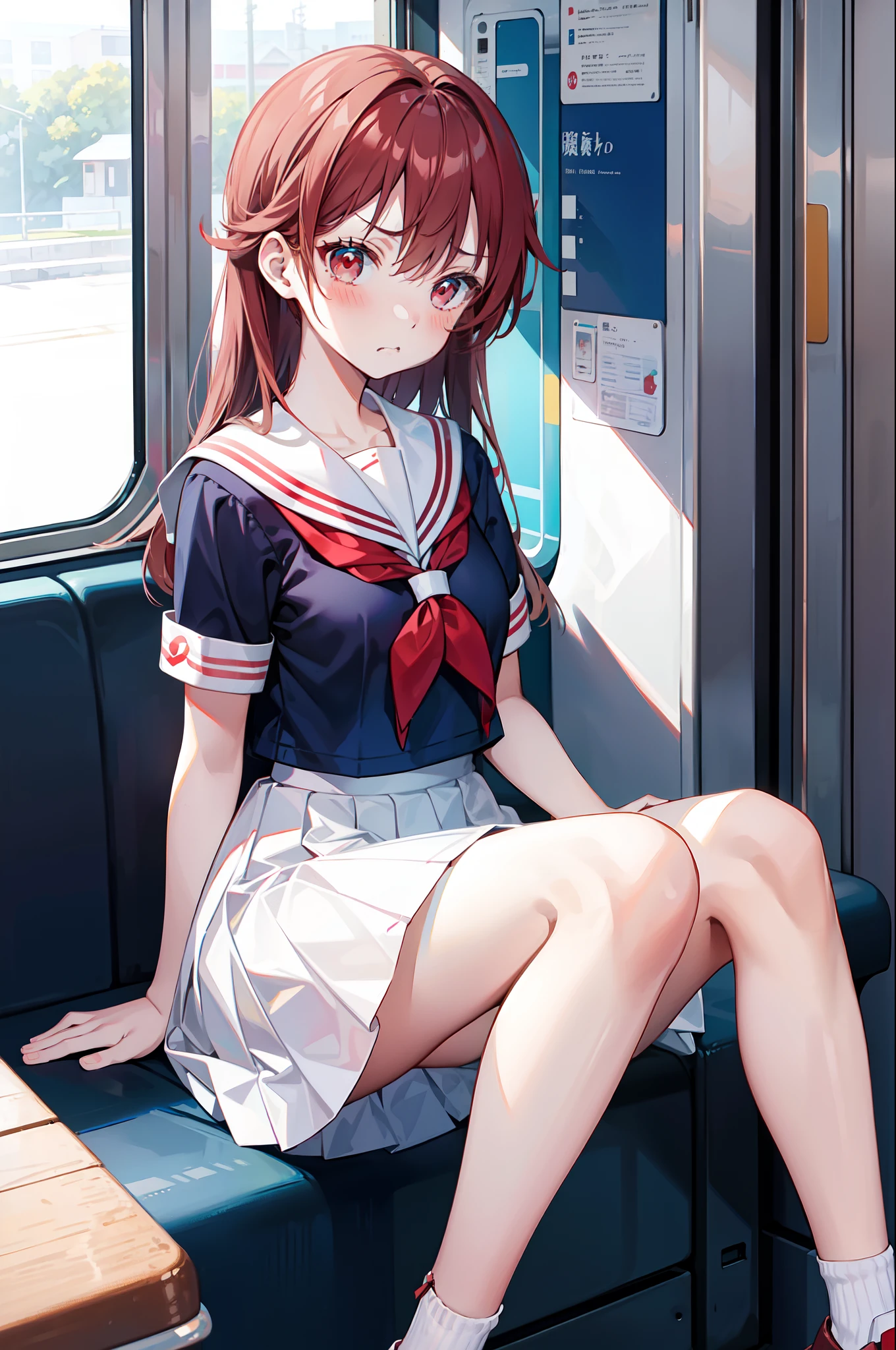 High school girl in sailor suit、train、sitting on、red blush、Angry