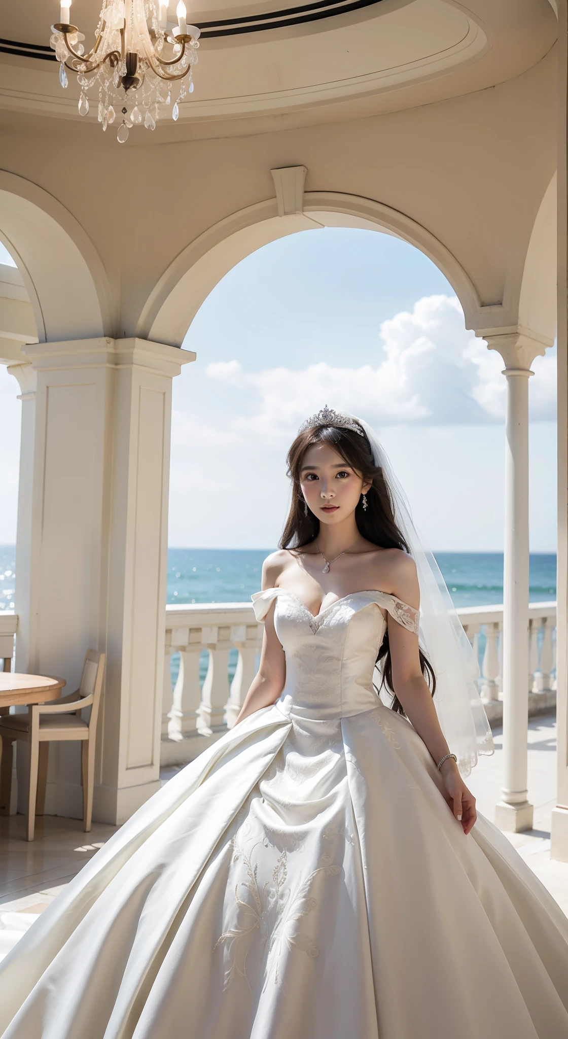 (8K，Realistic)Keywords: Wedding dress, Seaside, auditorium, Medium chest,Exquisite facial features, Realism，Very detailed，Real, Beautiful big eyes.