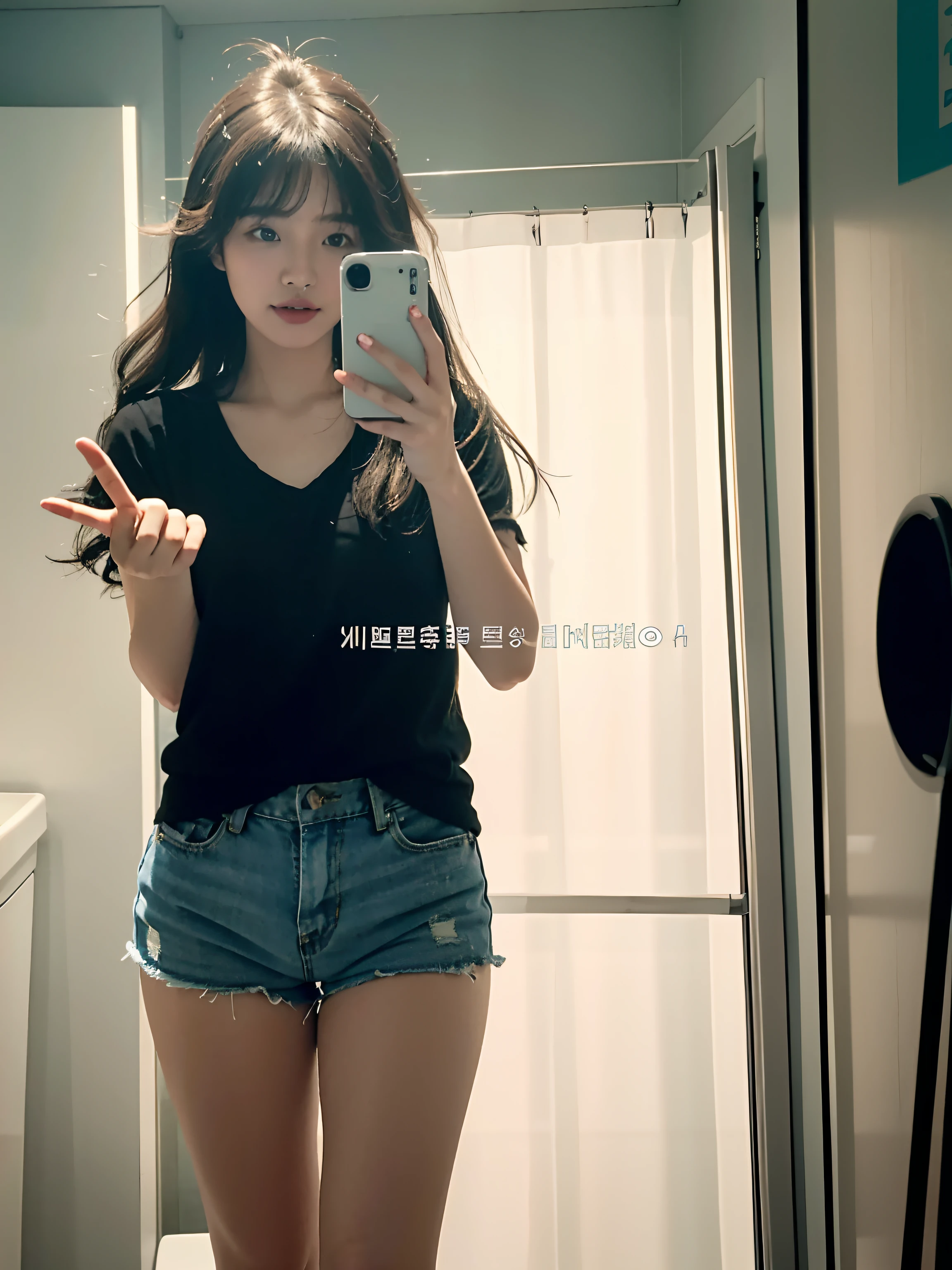 Expose your little belly，Cover your abdomen with your right hand，Lower body denim super shorts，