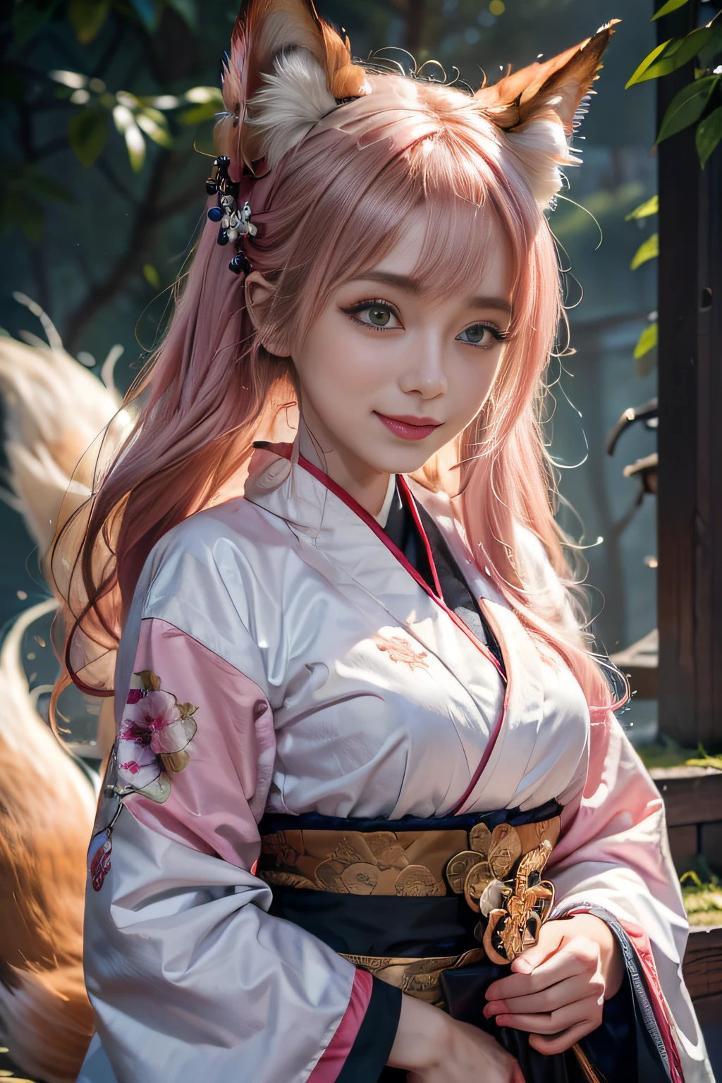 hyper HD, Anatomically correct, Super detail, Award-Awarded, Best quality, High details, retinas, Textured skin, Masterpiece, High quality, A high resolution, ccurate, 8K，1girll,Solo, Happy smiling official art, Unity 8k wallpaper, Ultra detailed, Beautiful and aesthetic, Beautiful, Masterpiece, Best quality, Kitsune witch, kitsune mask, Pink and white haori jacket, Foxfire spell, The fox is familiar, Transformation,Depth of field