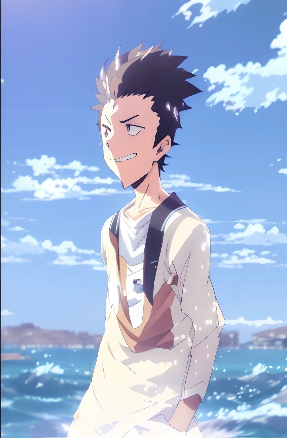 anime boy with black hair and white shirt standing in front of the ocean, in the anime film, official anime still, makoto shinkai style, high quality anime movie still, ( ( makoto shinkai ) ), ( ( ( yoshinari yoh ) ) ), official art, makoto shinkai!, makoto shinkai!!, kentaro miura!