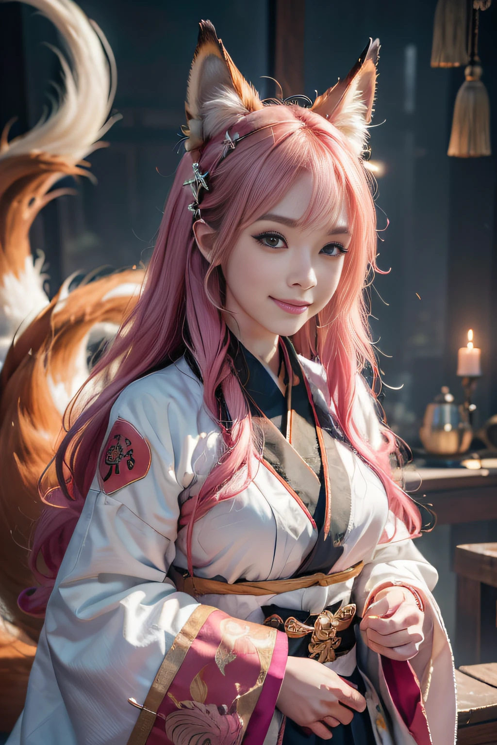 hyper HD, Anatomically correct, Super detail, Award-Awarded, Best quality, High details, retinas, Textured skin, Masterpiece, High quality, A high resolution, ccurate, 8K,1girll,Solo, Happy smiling official art, Unity 8k wallpaper, Ultra detailed, Beautiful and aesthetic, Beautiful, Masterpiece, Best quality, Kitsune witch, kitsune mask, Pink and white haori jacket, Foxfire spell, The fox is familiar, Transformation,Depth of field