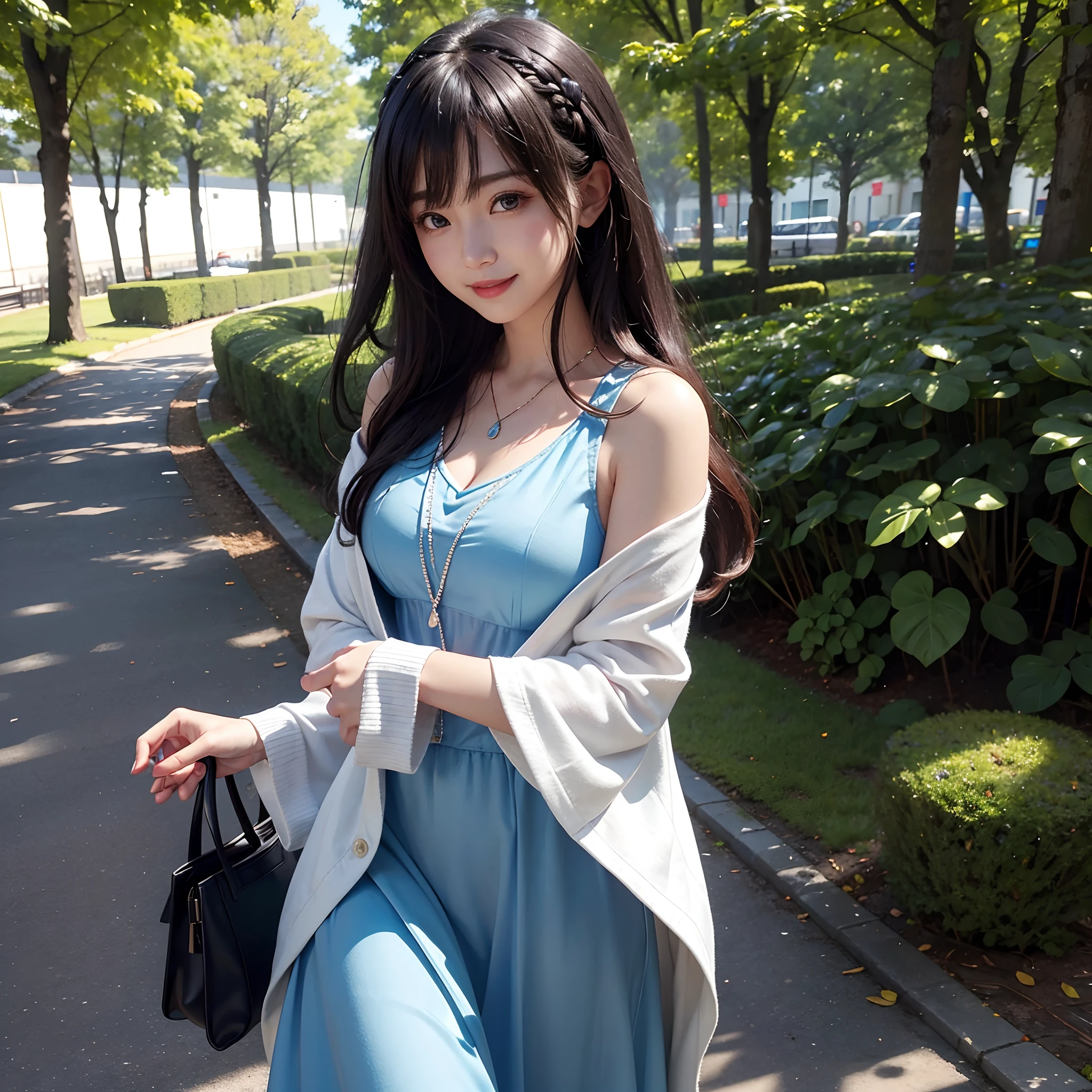 (Front focus)、(dark: 1.6)、White cardigan、Blue dress、Thighs are visible、Walking in the park、Poplar trees on both sides、Holding a cute little bag at an angle、Hands behind your back、Dynamic Lighting、art  stations、Volume Lighting、extra detailed face、4 K、Award-winning、 女の子1人、Dark Bran hair、Hair that grows to the shoulders、The best smile、Smiling eyes、二重まぶた、