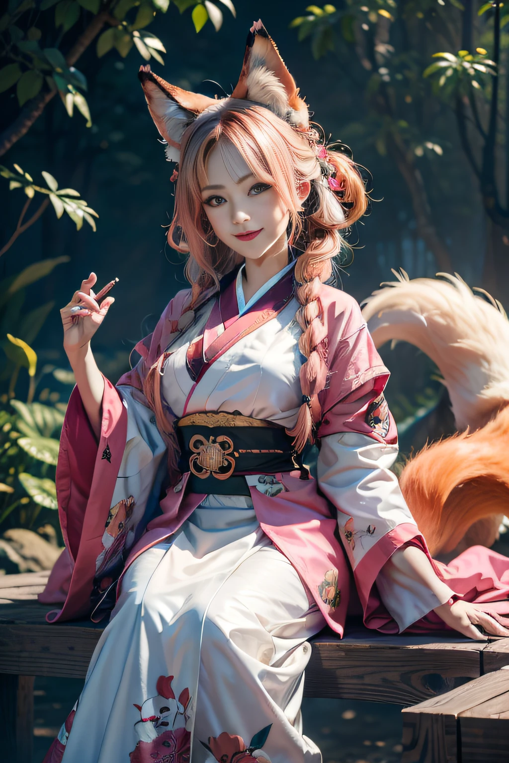 hyper HD, Anatomically correct, Super detail, Award-Awarded, Best quality, High details, retinas, Textured skin, Masterpiece, High quality, A high resolution, ccurate, 8K，1girll,Solo, Happy smiling official art, Unity 8k wallpaper, Ultra detailed, Beautiful and aesthetic, Beautiful, Masterpiece, Best quality, Kitsune witch, kitsune mask, Pink and white haori jacket, Foxfire spell, The fox is familiar, Transformation,Depth of field