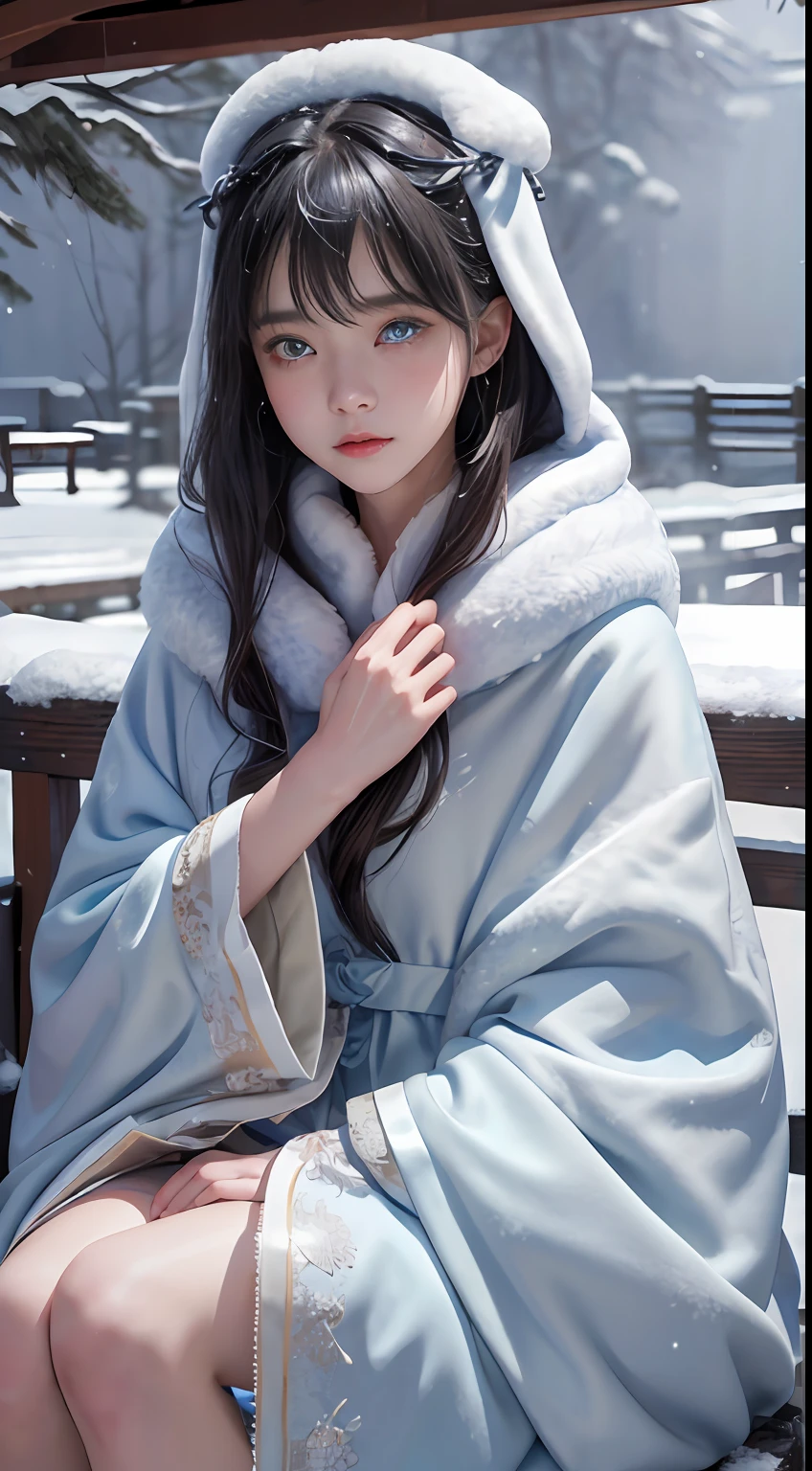 ((Works of masters)),(超高分辨率),1 girl,Glowing eyes,Tears of sadness, Sitting, Lolita costume,Cloak (Snow, Snow,Outdoor activities in winter:1.2),snowfield,Blue eyes,Illustrations of the highest quality,A meticulous face