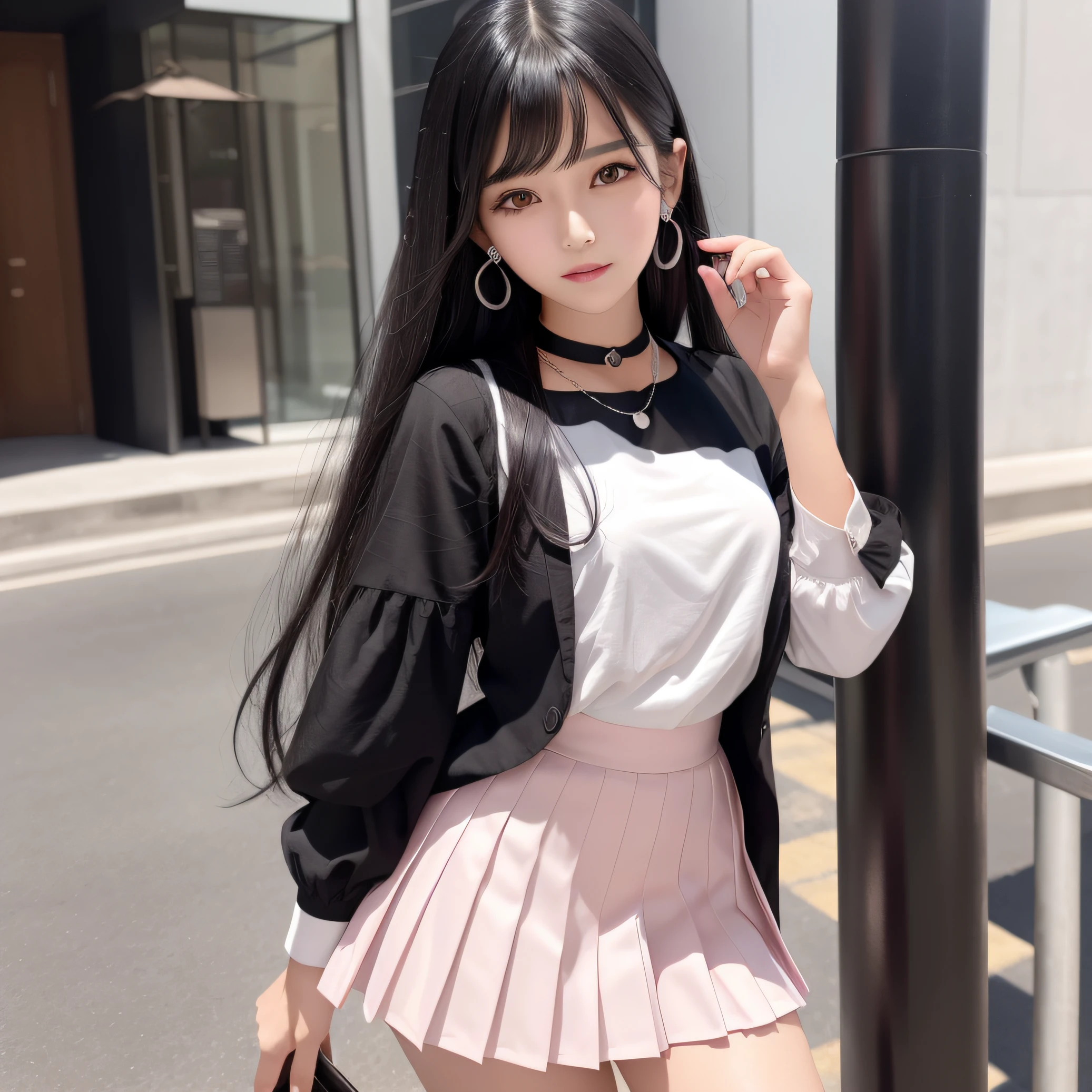 black colored hair，Beautiful shiny delicate and cute face，Pink uniform and pleated skirt，Youth and beautiful，There is vitality，Sweet and cute beautiful girl，Around his neck is a necklace of silver jewels