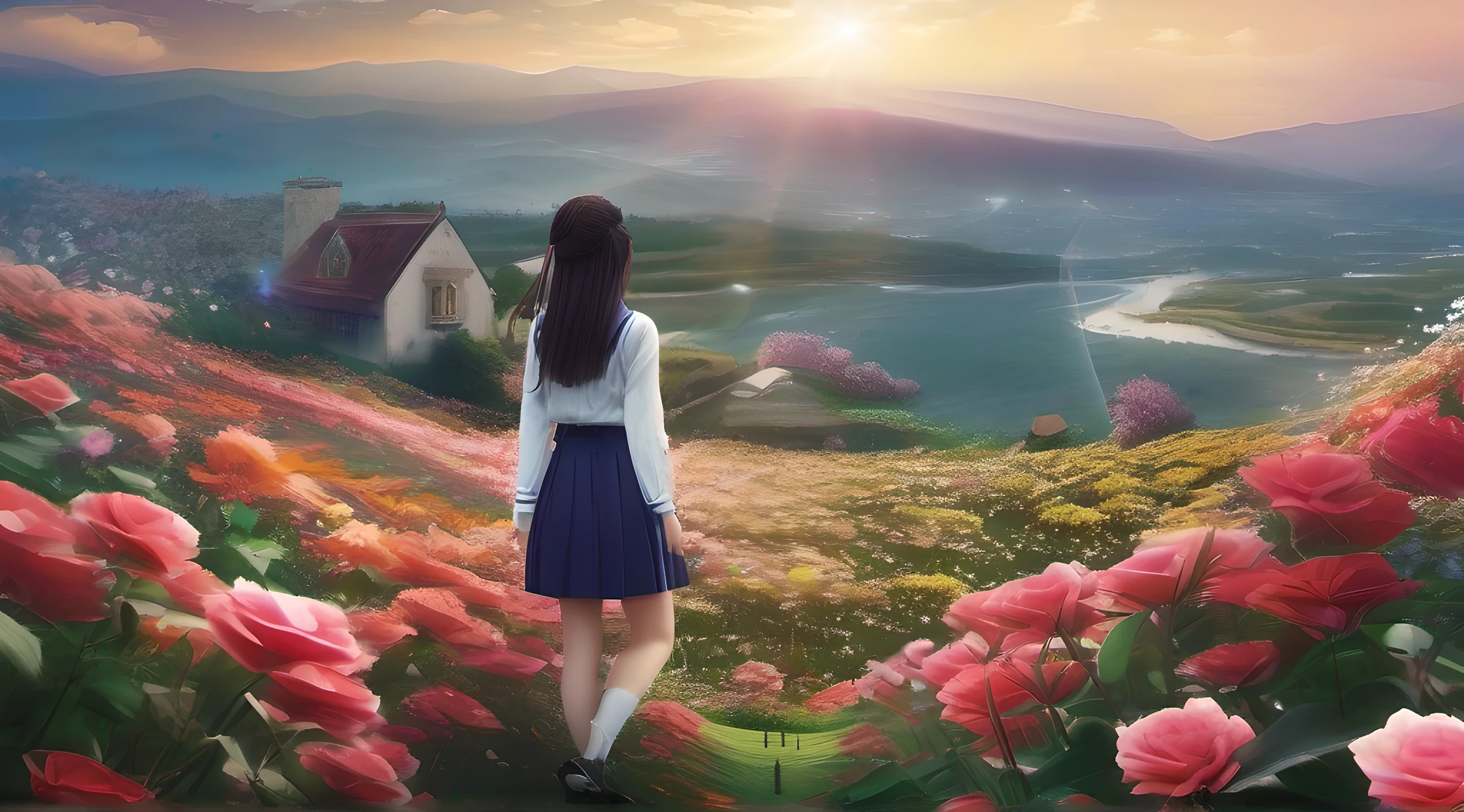 ccurate, best quality, masterpiece, UHD, high details, award winning, (Amazing:1.1), (Surrealism), Conceptual art, Verism, cinematic lighting, floating ruins in the sky, (((beautiful flower garden))), Horizon, blue sky, paradise scenery, flowers, wind flow, (((fantasy))), frontier, (magnificent space), blurry foreground, bokeh, Hasselblad, lens flare, beautiful school girl, (r old), ((((full body)))), from behind, walking, without looking at me, (((wearing school uniform))), black eyes, black hair, (floating hair), ((8 life size)), detailed hairstyles, detailed bodyline, anatomically correct, cute face, ((accurately portray her)),
