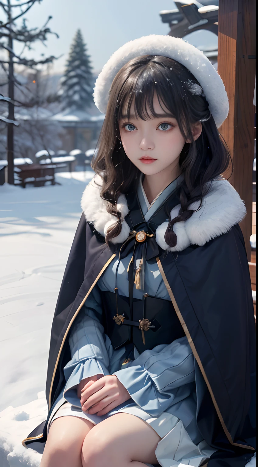 ((Works of masters))，(超高分辨率)，1 girl,Glowing eyes，Tears of sadness， Sitting, Lolita costume，Cloak (Snow, Snow，Outdoor activities in winter:1.2),snowfield，Blue eyes，Illustrations of the highest quality，A meticulous face