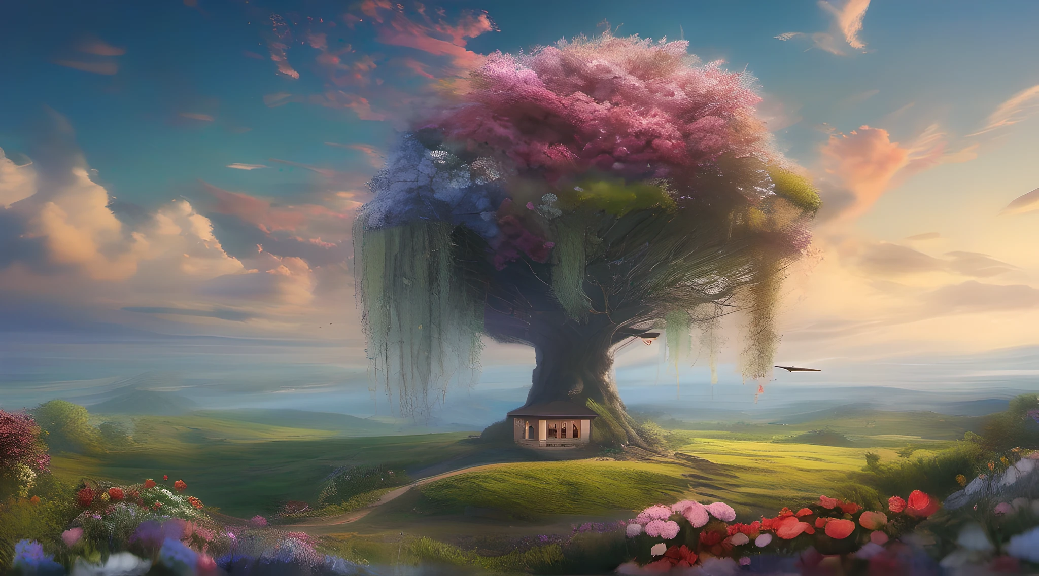 ccurate, best quality, masterpiece, UHD, high details, award winning, (Amazing:1.1), (Surrealism), Conceptual art, Verism, cinematic lighting, floating ruins in the sky, (((beautiful flower garden))), Horizon, blue sky, paradise scenery, flowers, wind flow, (((fantasy))), frontier, (magnificent space), blurry foreground, bokeh, Hasselblad, lens flare, beautiful school girl, (r old), ((((full body)))), from behind, walking, without looking at me, (((wearing school uniform))), black eyes, black hair, (floating hair), ((8 life size)), detailed hairstyles, detailed bodyline, anatomically correct, cute face, ((accurately portray her)),