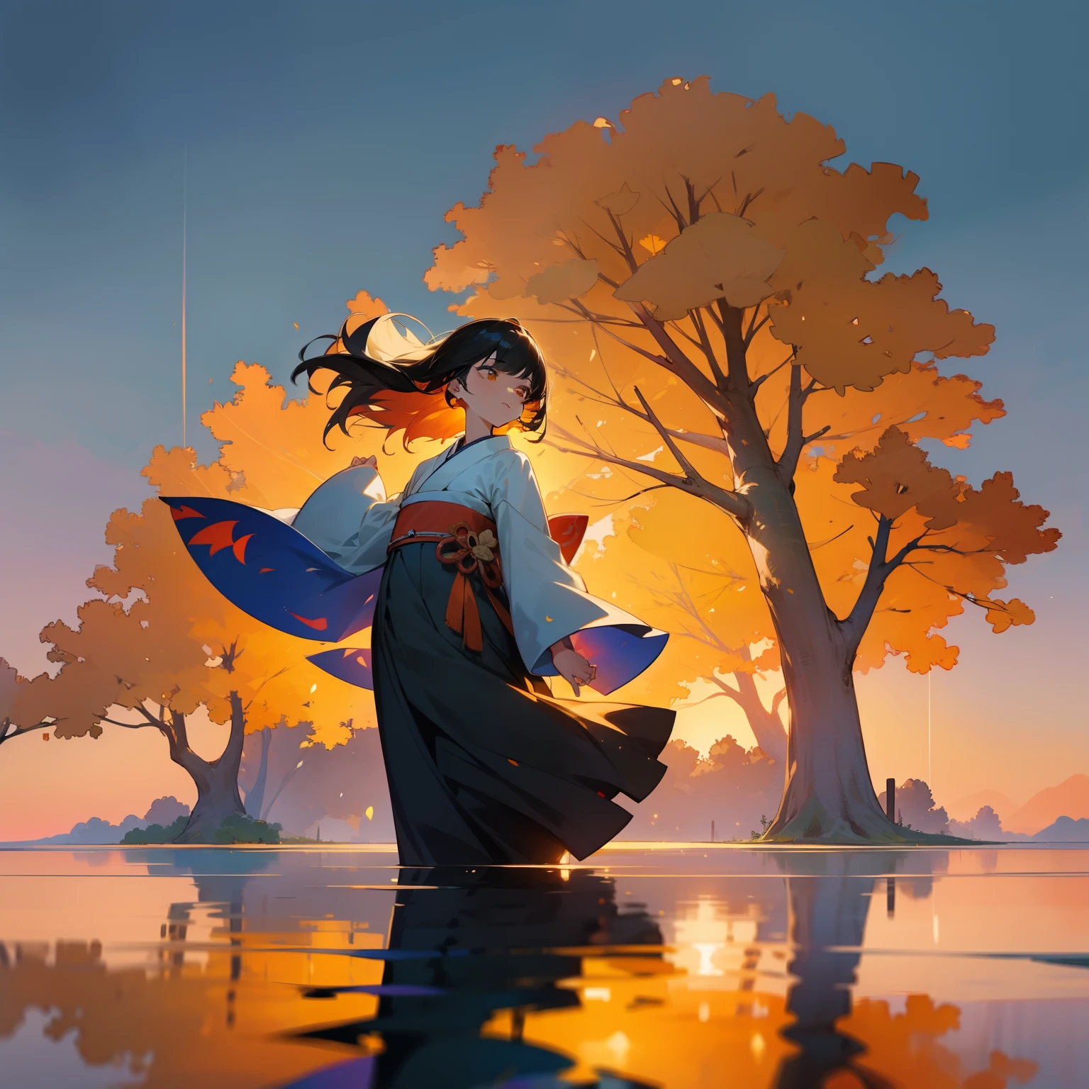Beautiful and aesthetic sunsets color the sky、One girl stands in that colorful light。Her hair is a colorful combination of black and orange、It's like reflecting the sunset。Behind it is、A large ginkgo tree towers over、Golden ginkgo trees dancing in the wind。She wears kimono、Its gentle expression makes you feel longevity and solemnity.。This scene is truly fantastic.、You can feel your soul calm by touching its beauty。